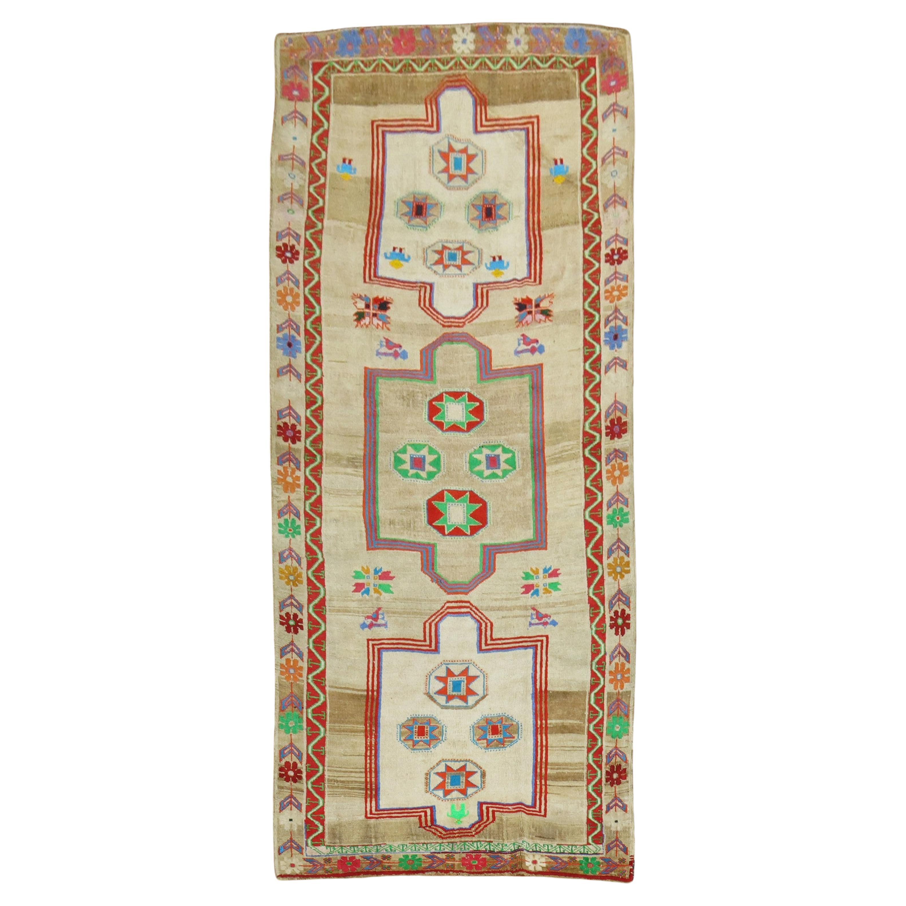 Zabihi Collection Wide Vintage Colorful Turkish Runner For Sale