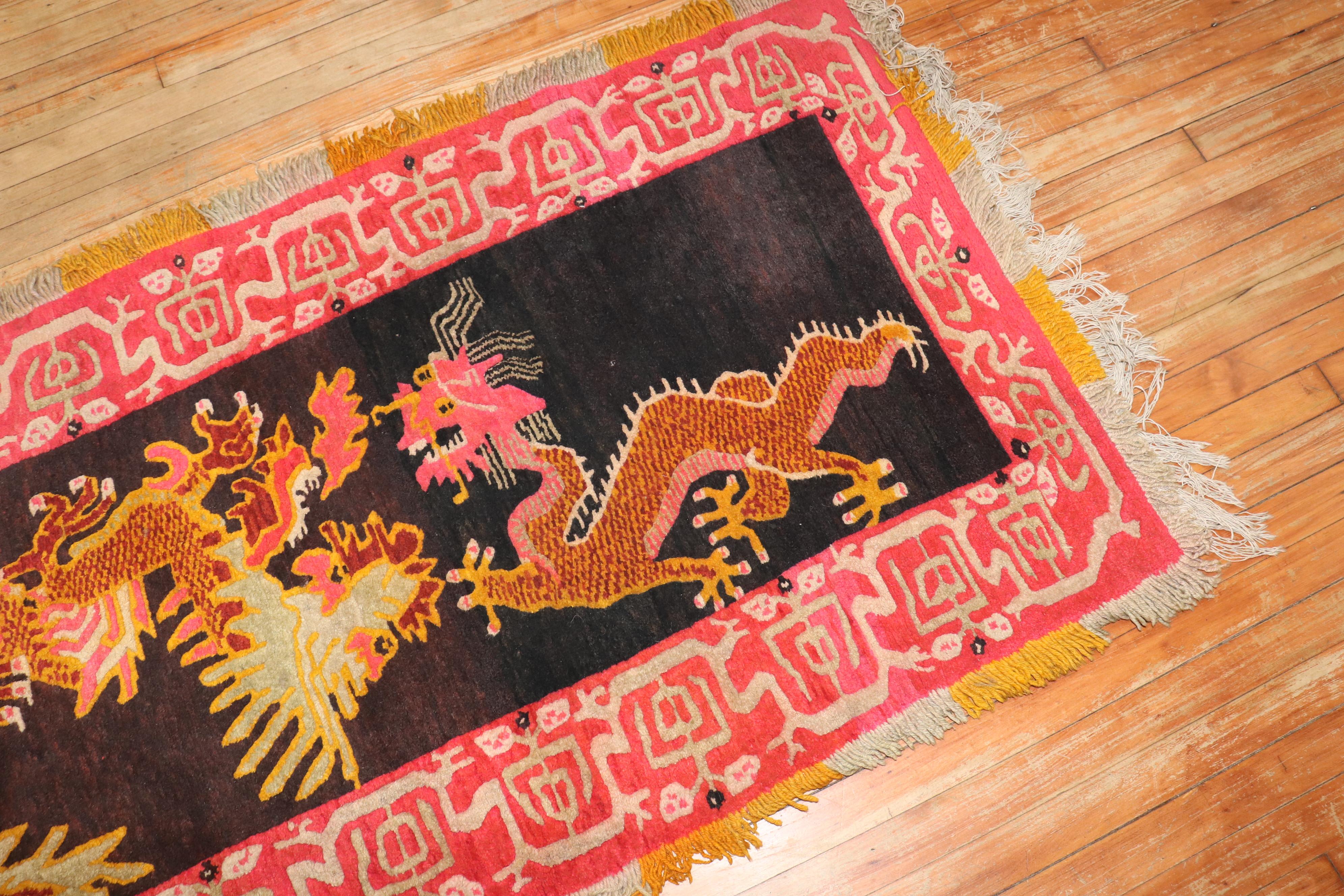 Folk Art Zabihi Collection Wild Dragon Vintage Tibetan Rug For Sale