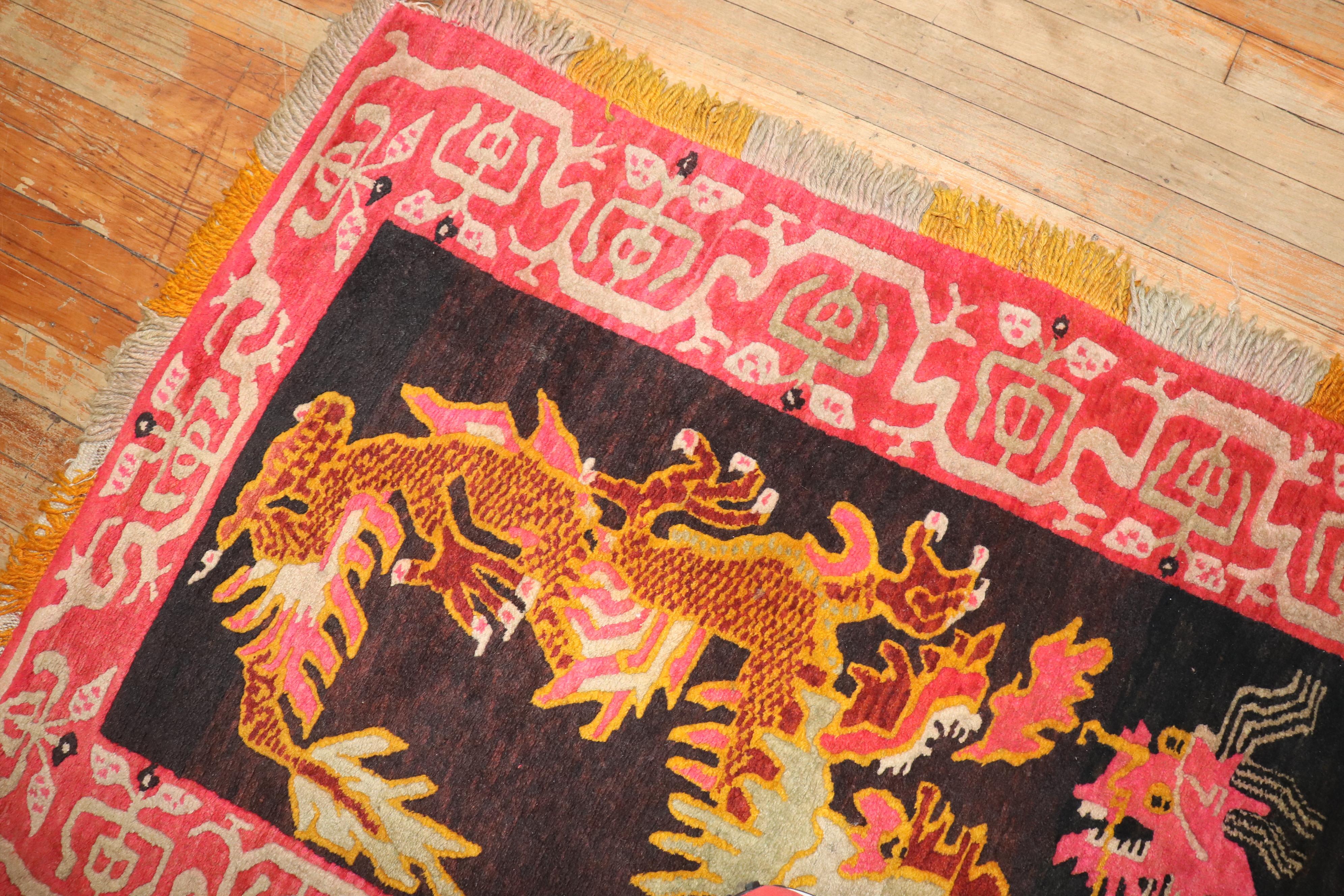 20th Century Zabihi Collection Wild Dragon Vintage Tibetan Rug For Sale