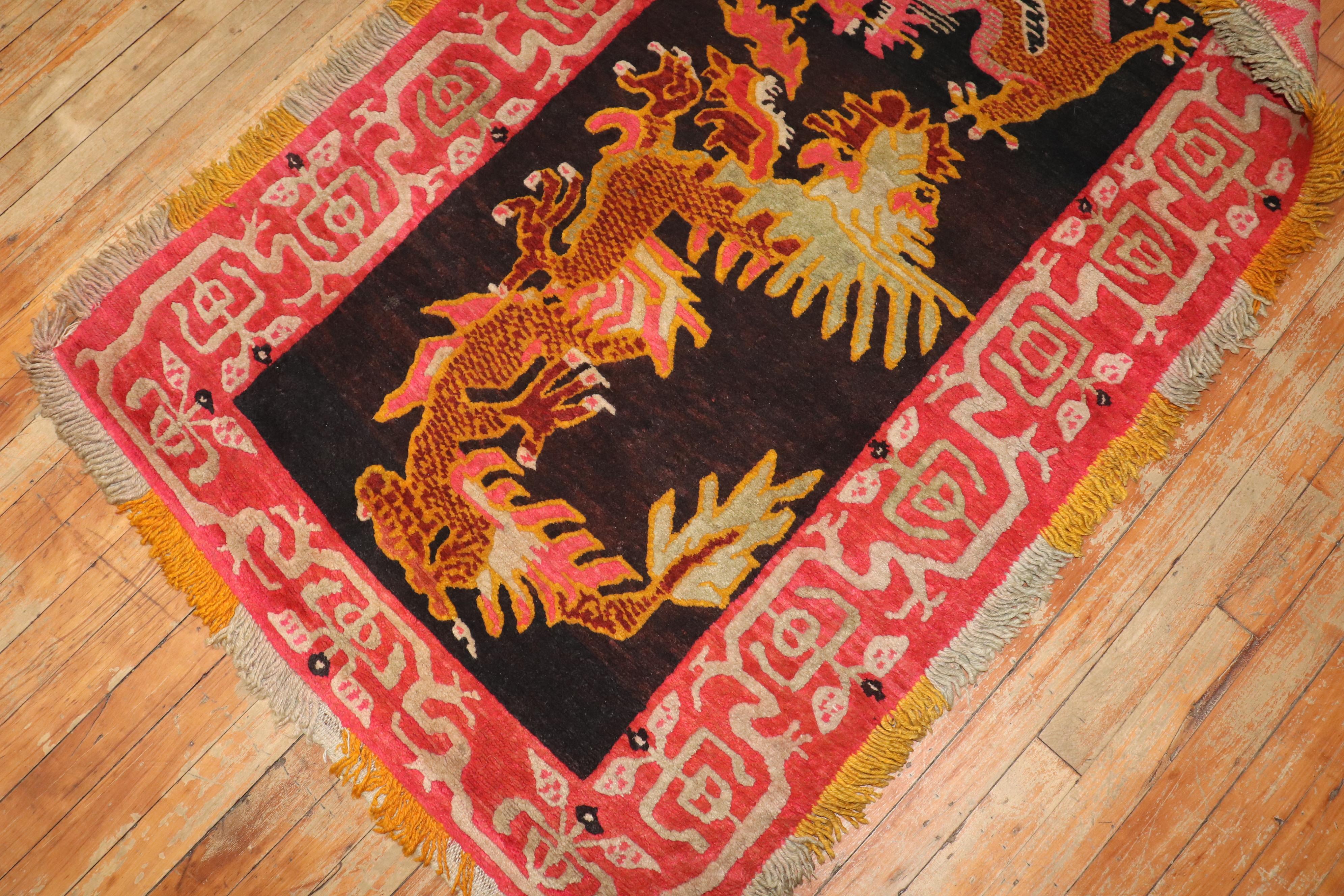 Wool Zabihi Collection Wild Dragon Vintage Tibetan Rug For Sale