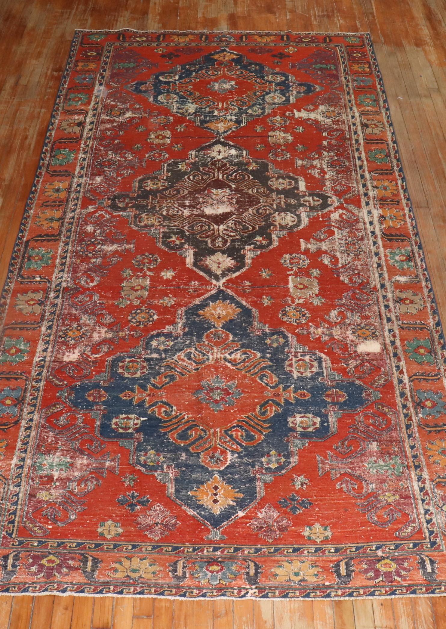 Zabihi Collection Worn Antique Caucasian Soumac Flatweave Gallery Size Rug For Sale 2