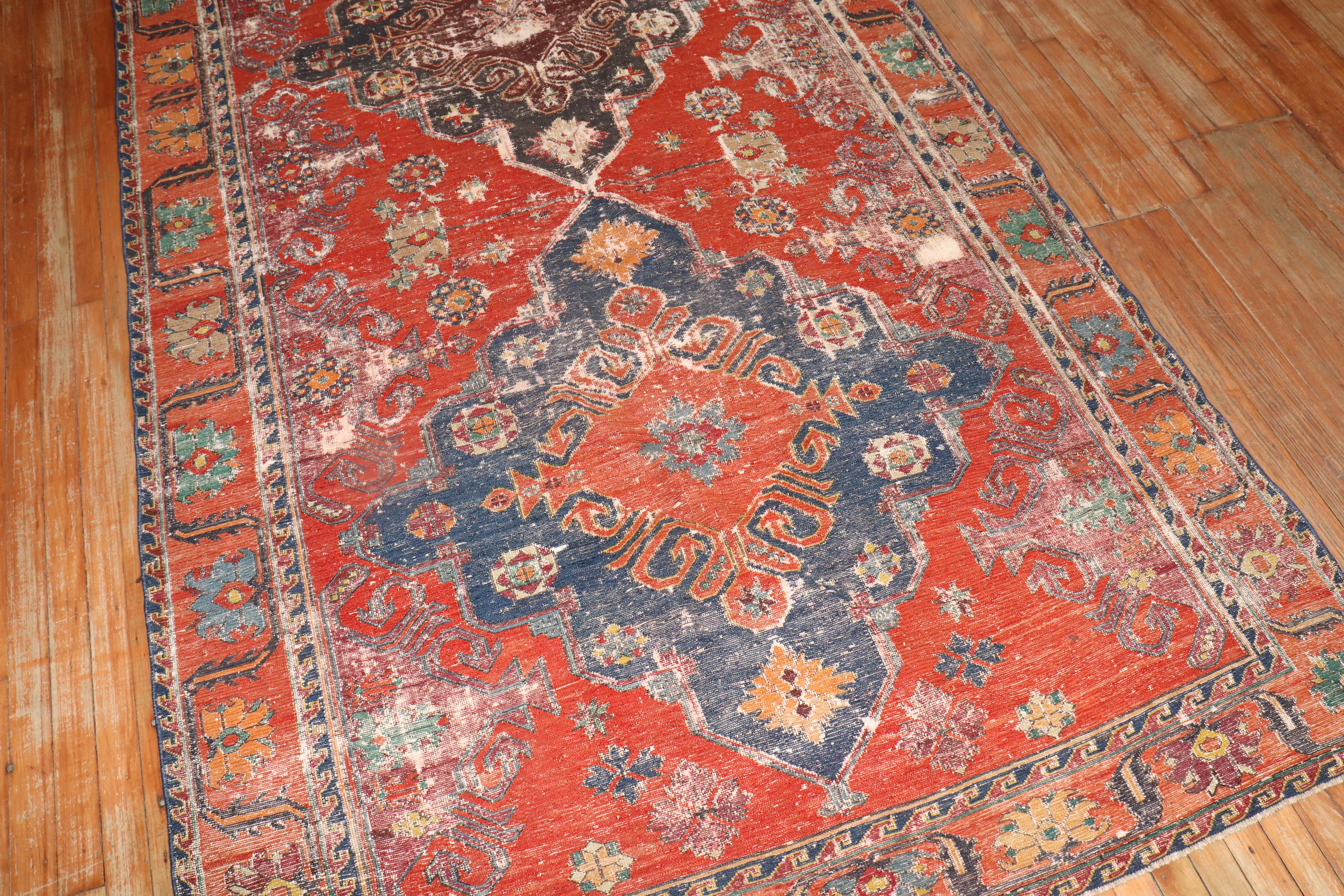 Tribal Zabihi Collection Worn Antique Caucasian Soumac Flatweave Gallery Size Rug For Sale