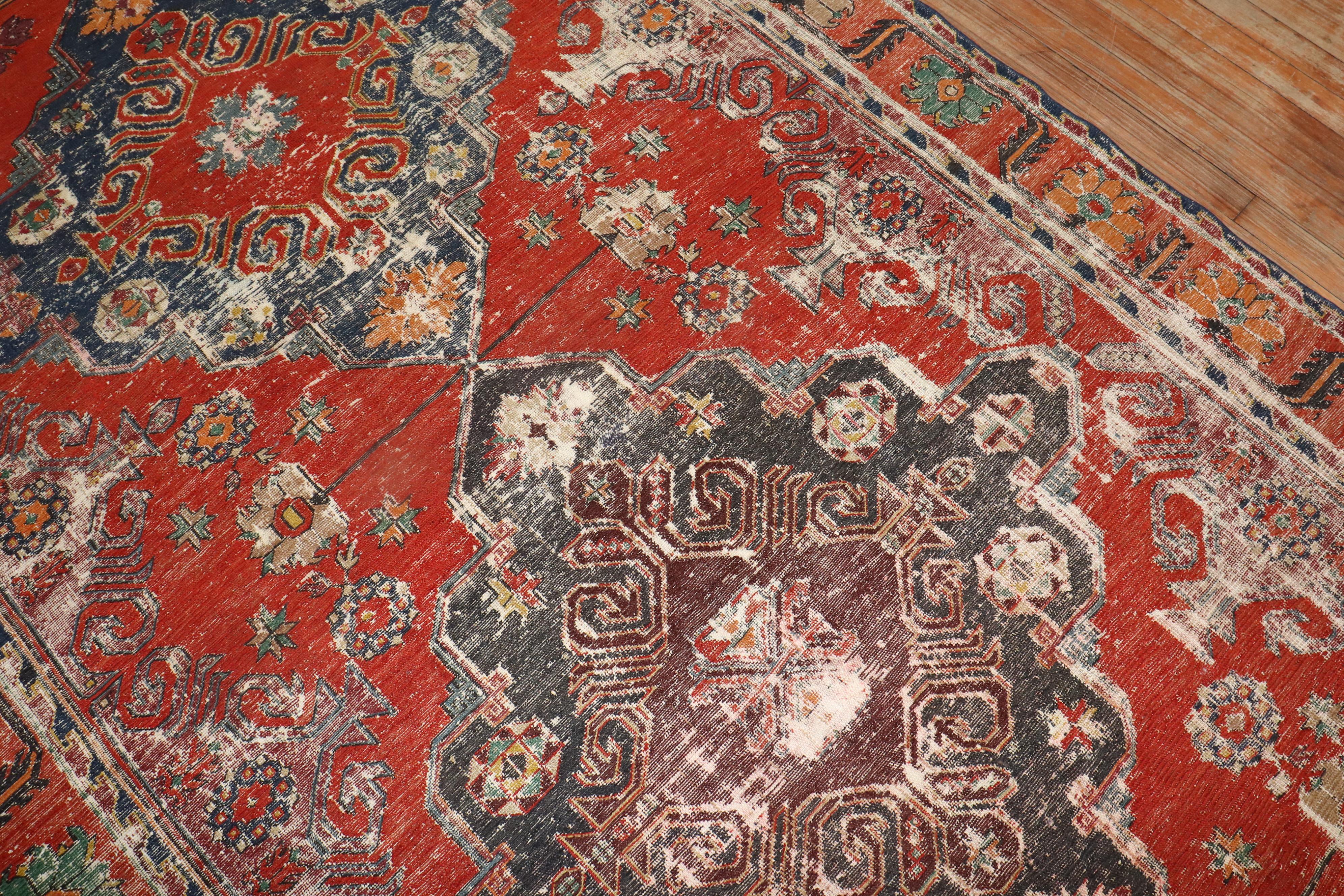 Persian Zabihi Collection Worn Antique Caucasian Soumac Flatweave Gallery Size Rug For Sale