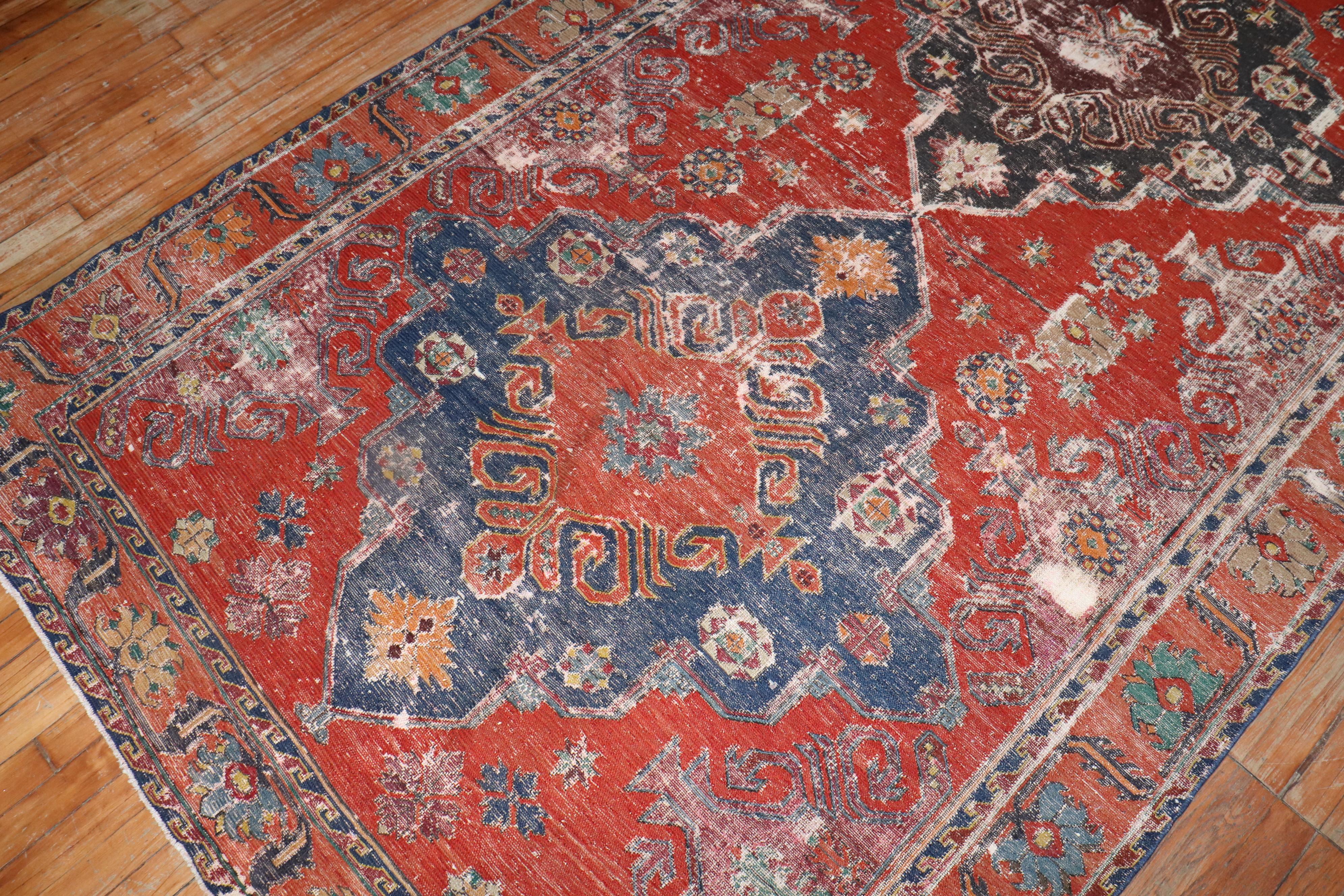 Hand-Woven Zabihi Collection Worn Antique Caucasian Soumac Flatweave Gallery Size Rug For Sale