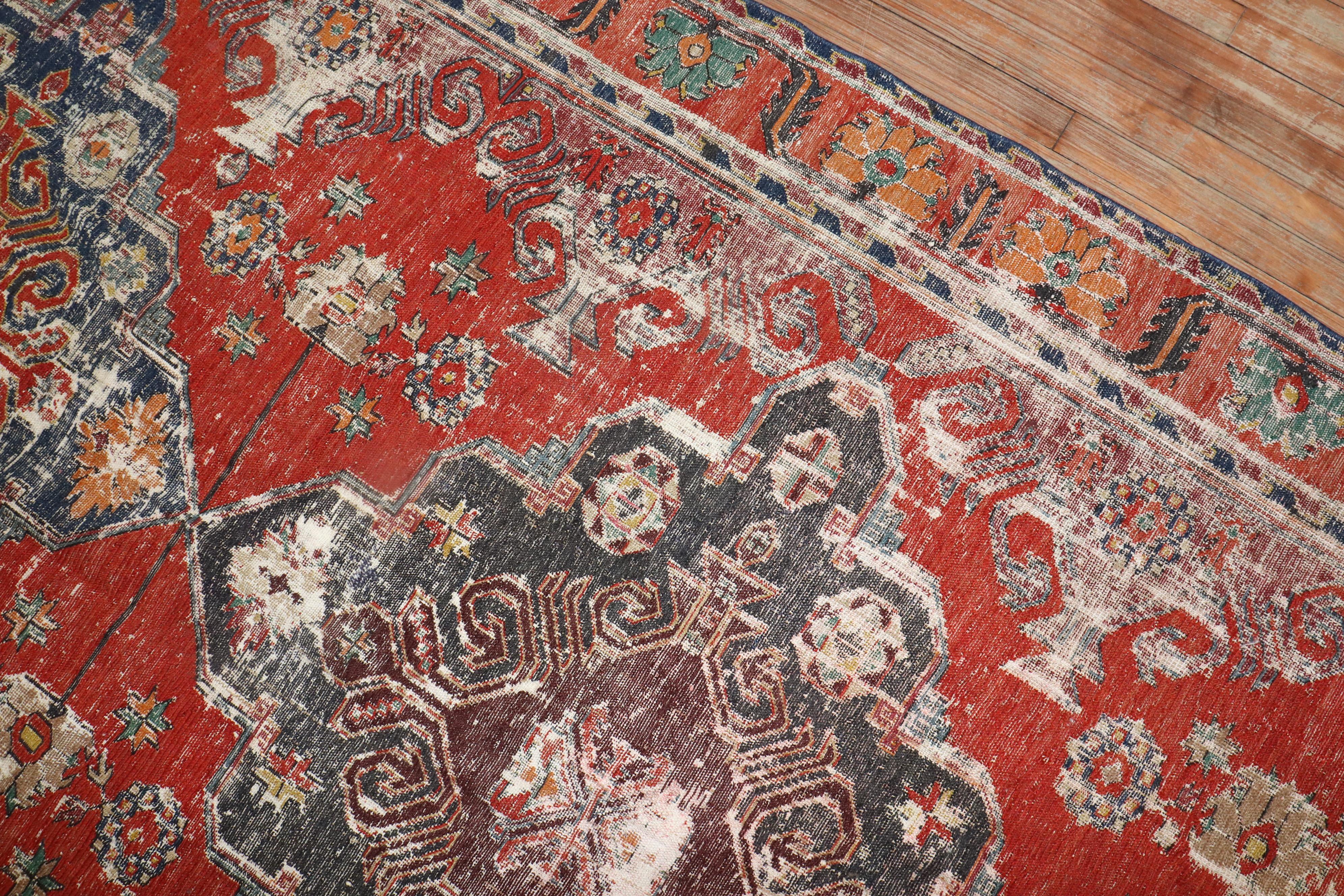 19th Century Zabihi Collection Worn Antique Caucasian Soumac Flatweave Gallery Size Rug For Sale