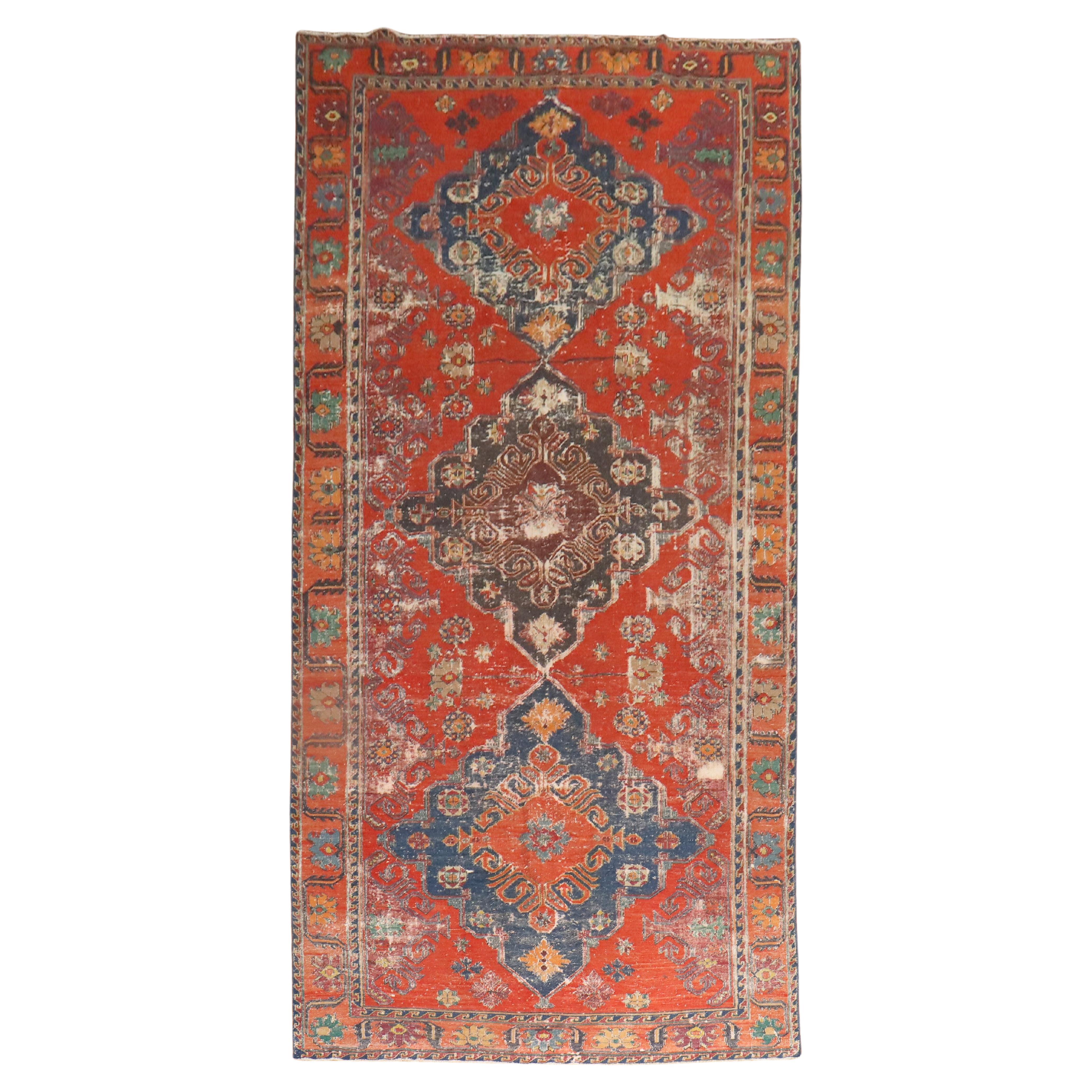 Zabihi Collection Worn Antique Caucasian Soumac Flatweave Gallery Size Rug For Sale