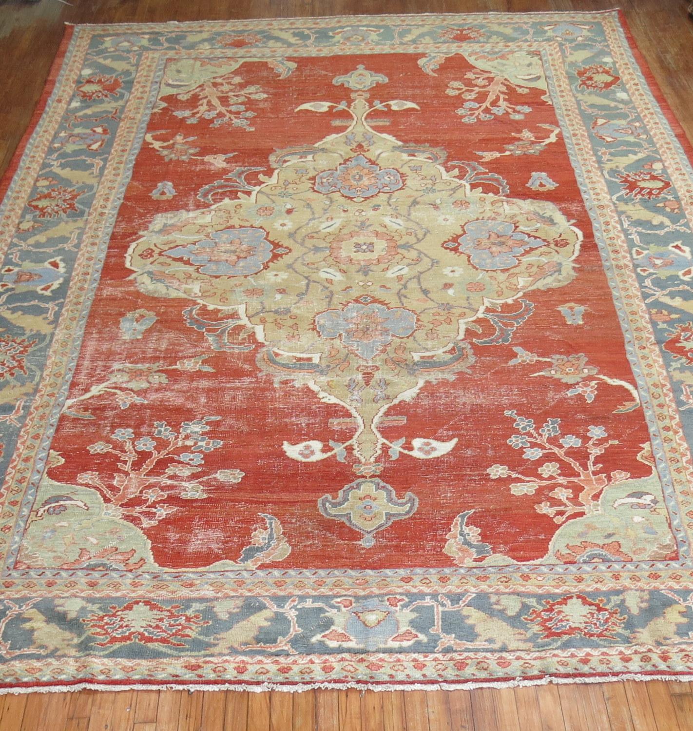Sultanabad Zabihi Collection Worn Antique Ziegler Mahal Rug For Sale