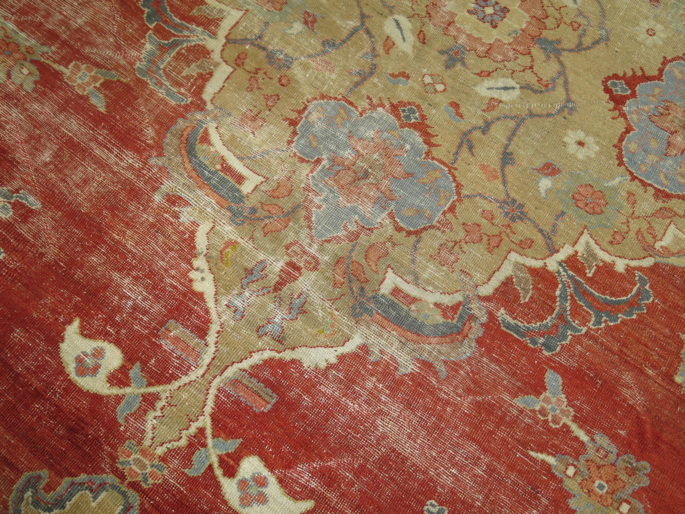Zabihi Collection Worn Antique Ziegler Mahal Rug In Distressed Condition For Sale In New York, NY