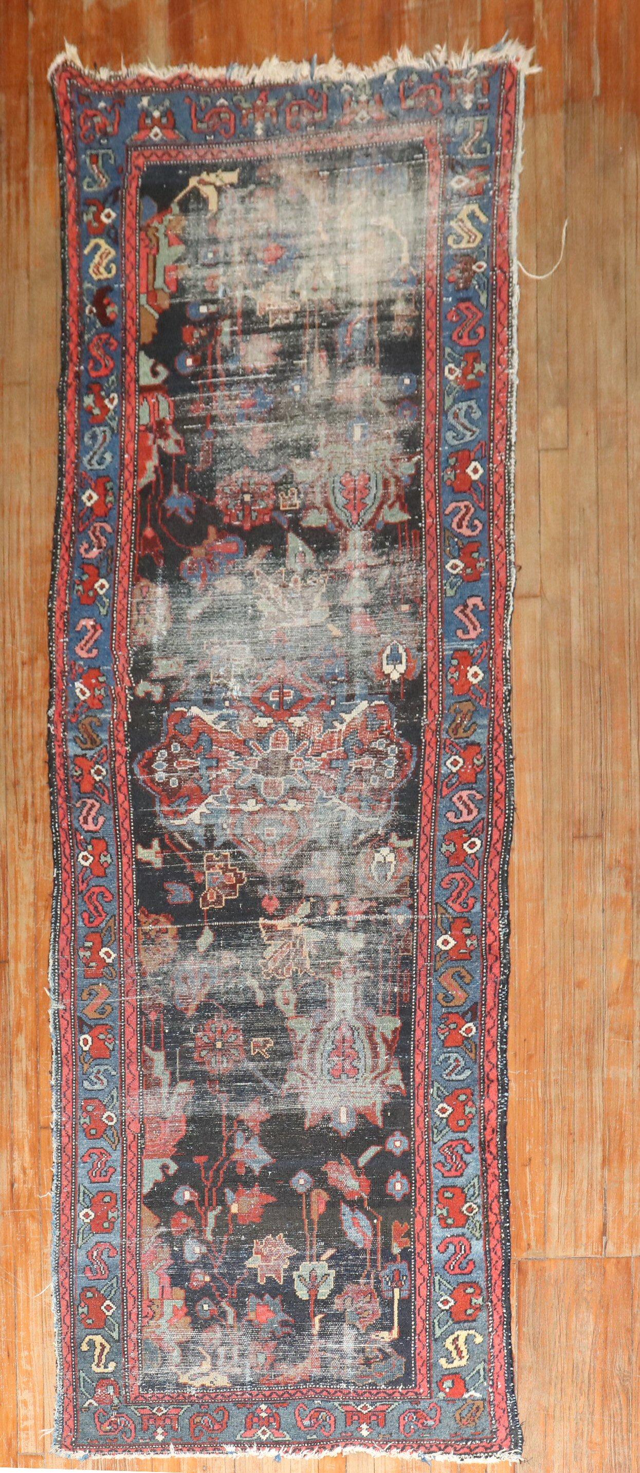 Wool Zabihi Collection Worn Distressed Persian Runner For Sale