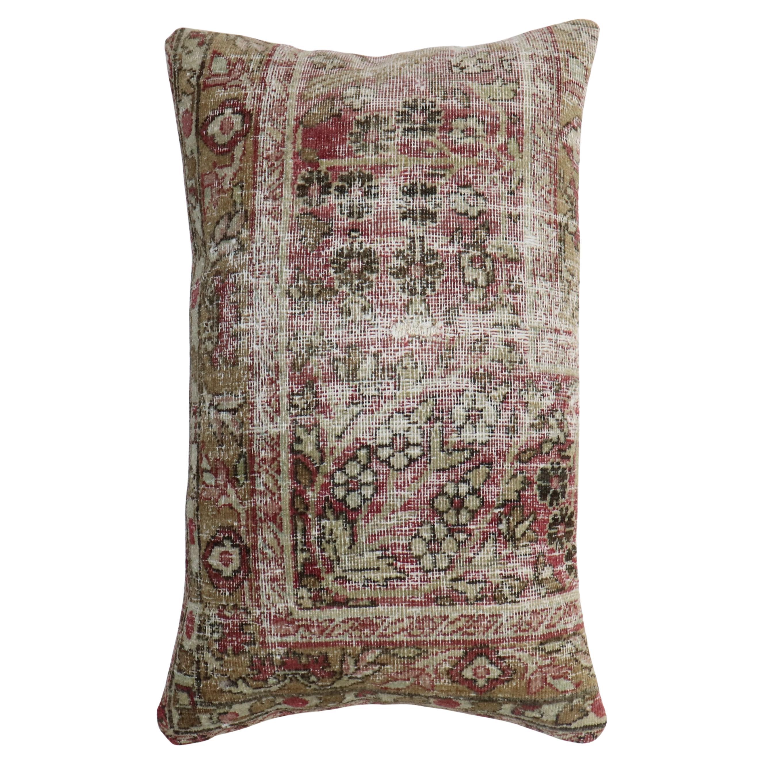 Zabihi Collection Worn Floral Persian Kerman Pictorial Border Rug Pillow