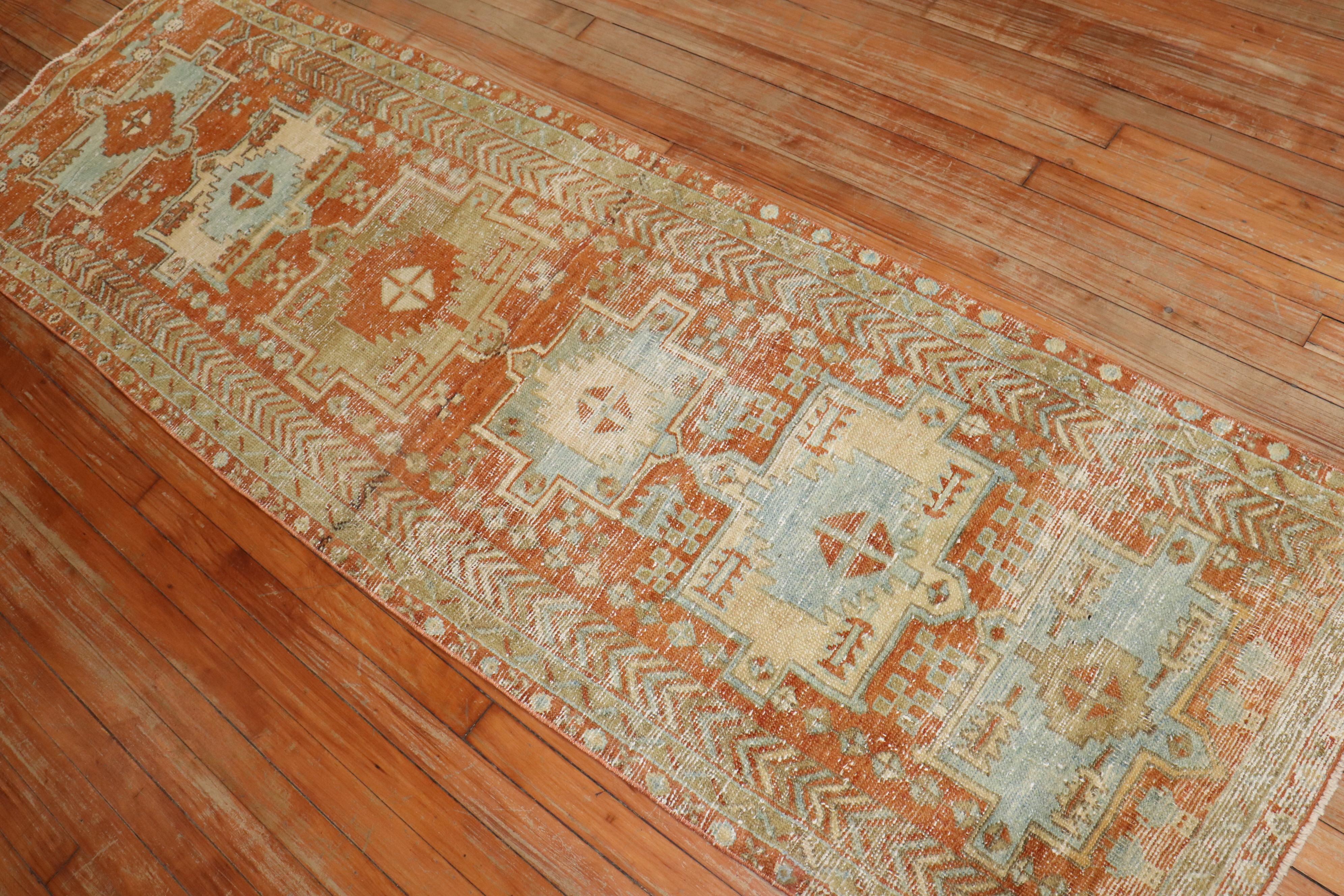 Zabihi Collection Worn Orange Persian Heriz Runner For Sale 2