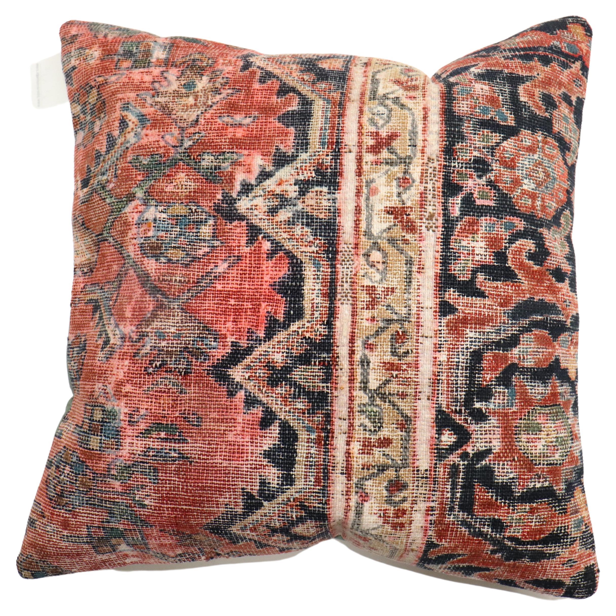 Zabihi Collection Worn Persian Rustic Rug Pillow For Sale