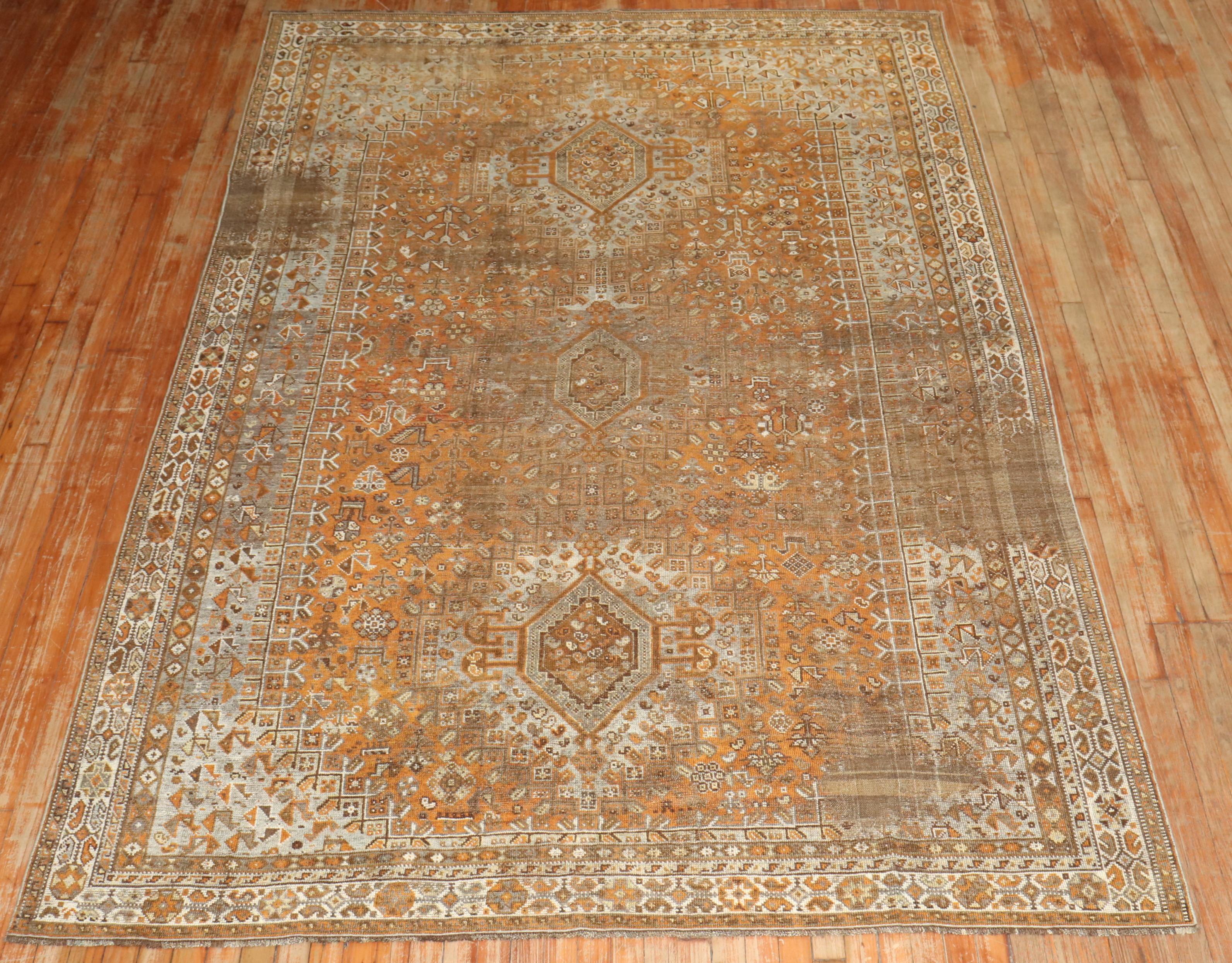 19th Century Zabihi Collection Worn Persian Tribal Shiraz Rug For Sale