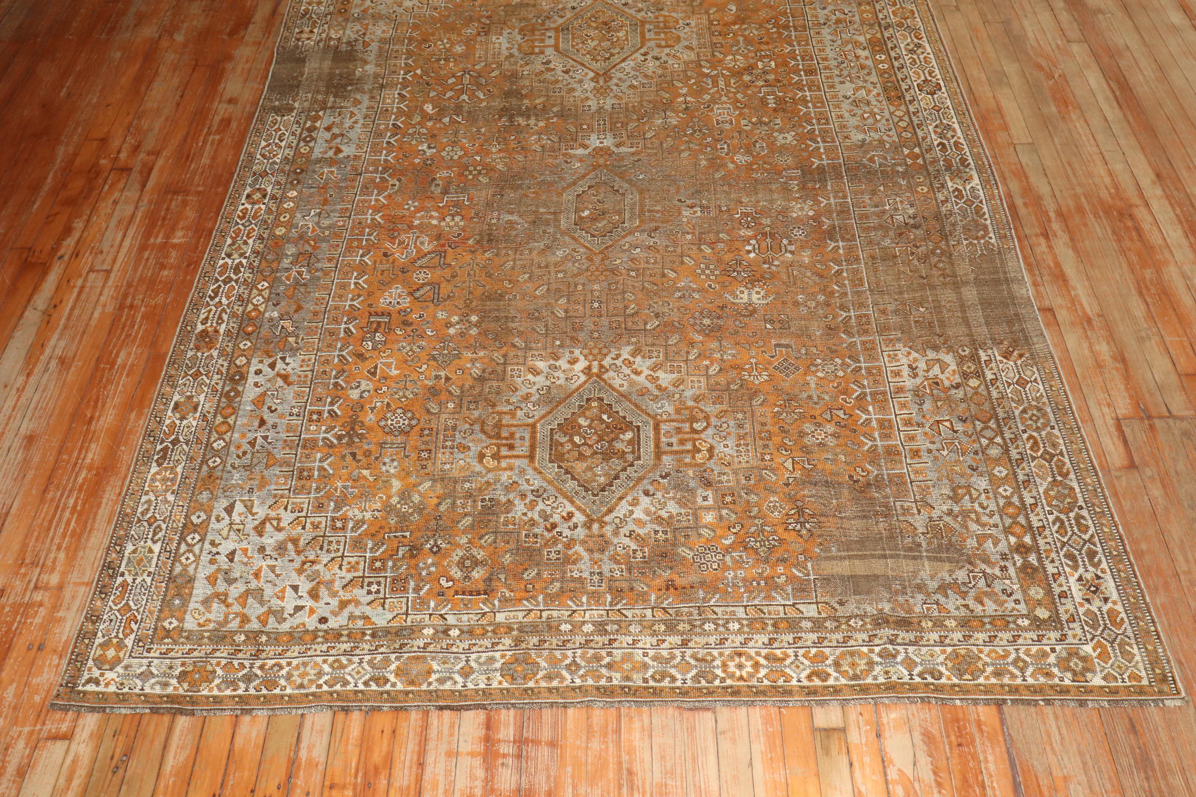 Zabihi Collection Worn Persian Tribal Shiraz Rug For Sale 1