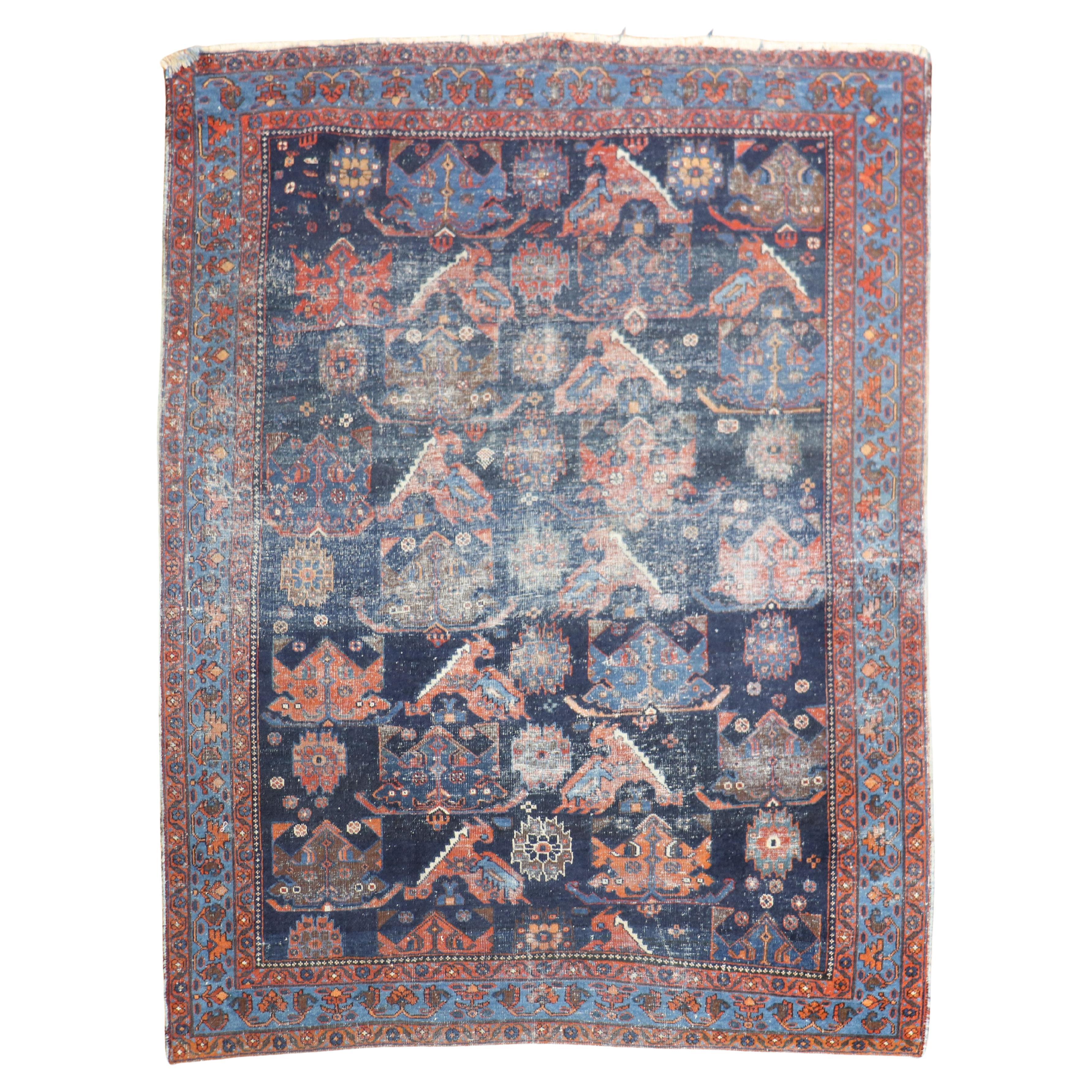 The Collective Worn Tribal Antique Persian Small Square Rug (tapis à petits carreaux) en vente