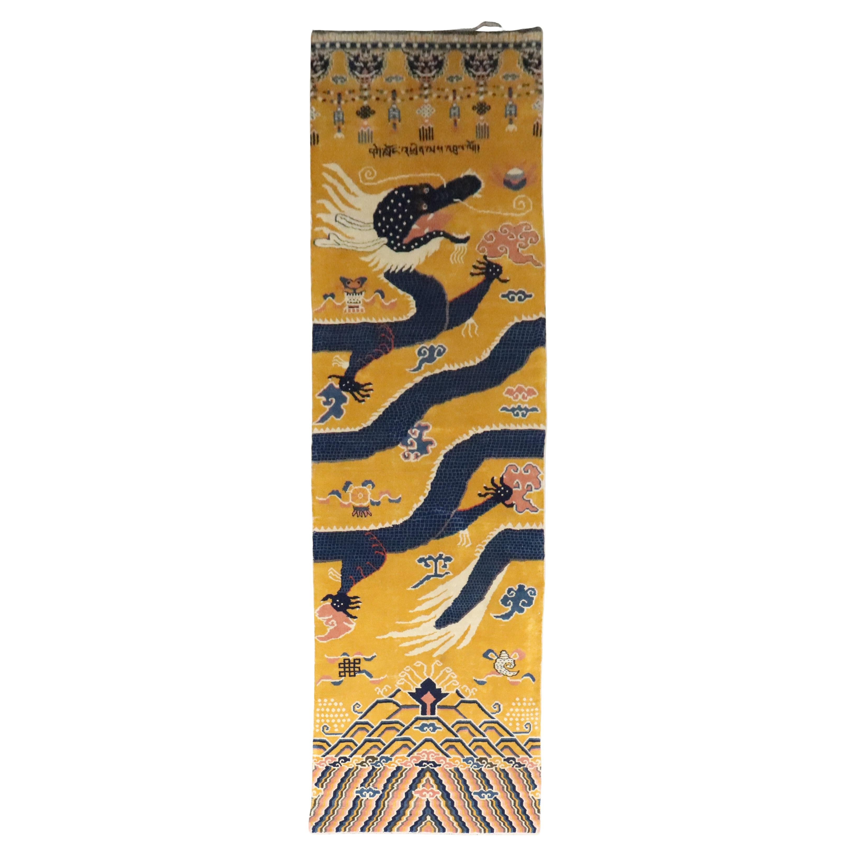Zabihi Collection Yellow Tibetan Vintage Dragon Pillar Runner For Sale