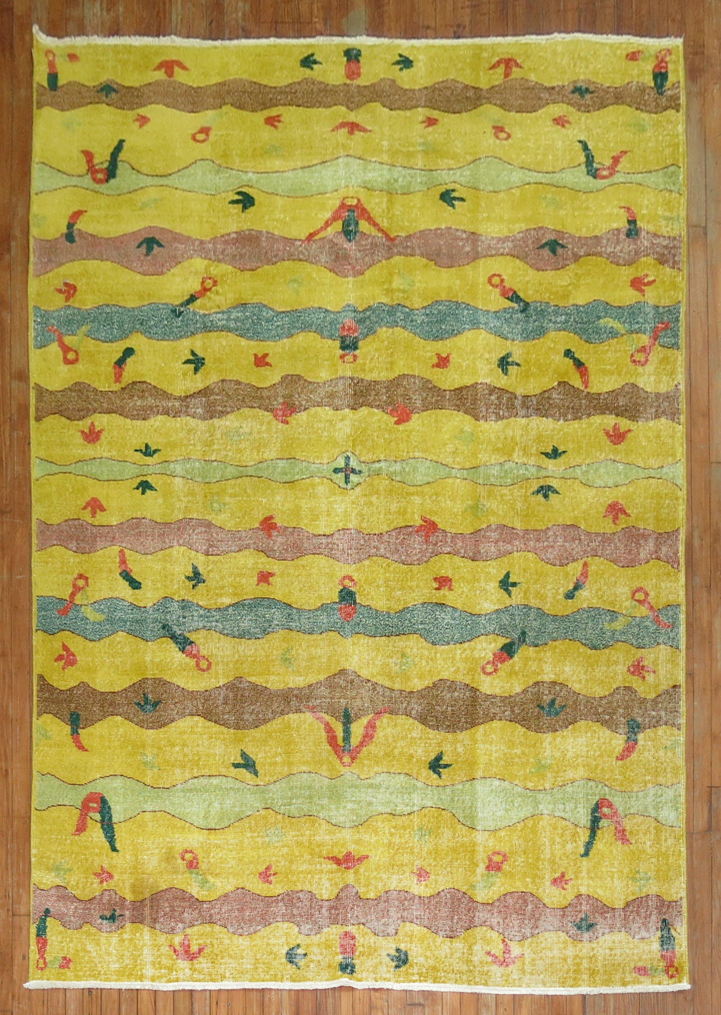 Zabihi Collection Yellow Turkish Deco Rug For Sale 3