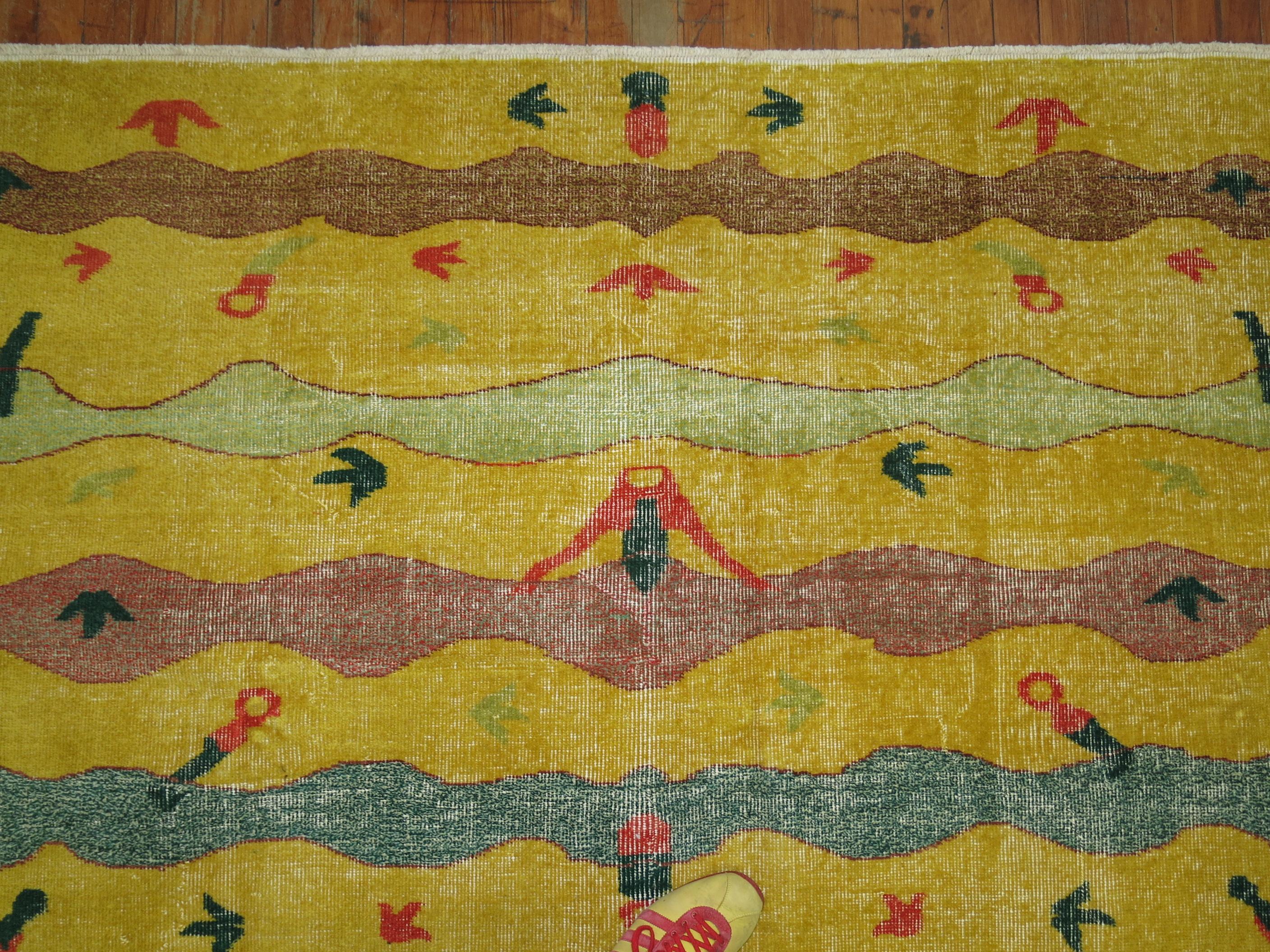 Zabihi Collection Yellow Turkish Deco Rug In Fair Condition For Sale In New York, NY