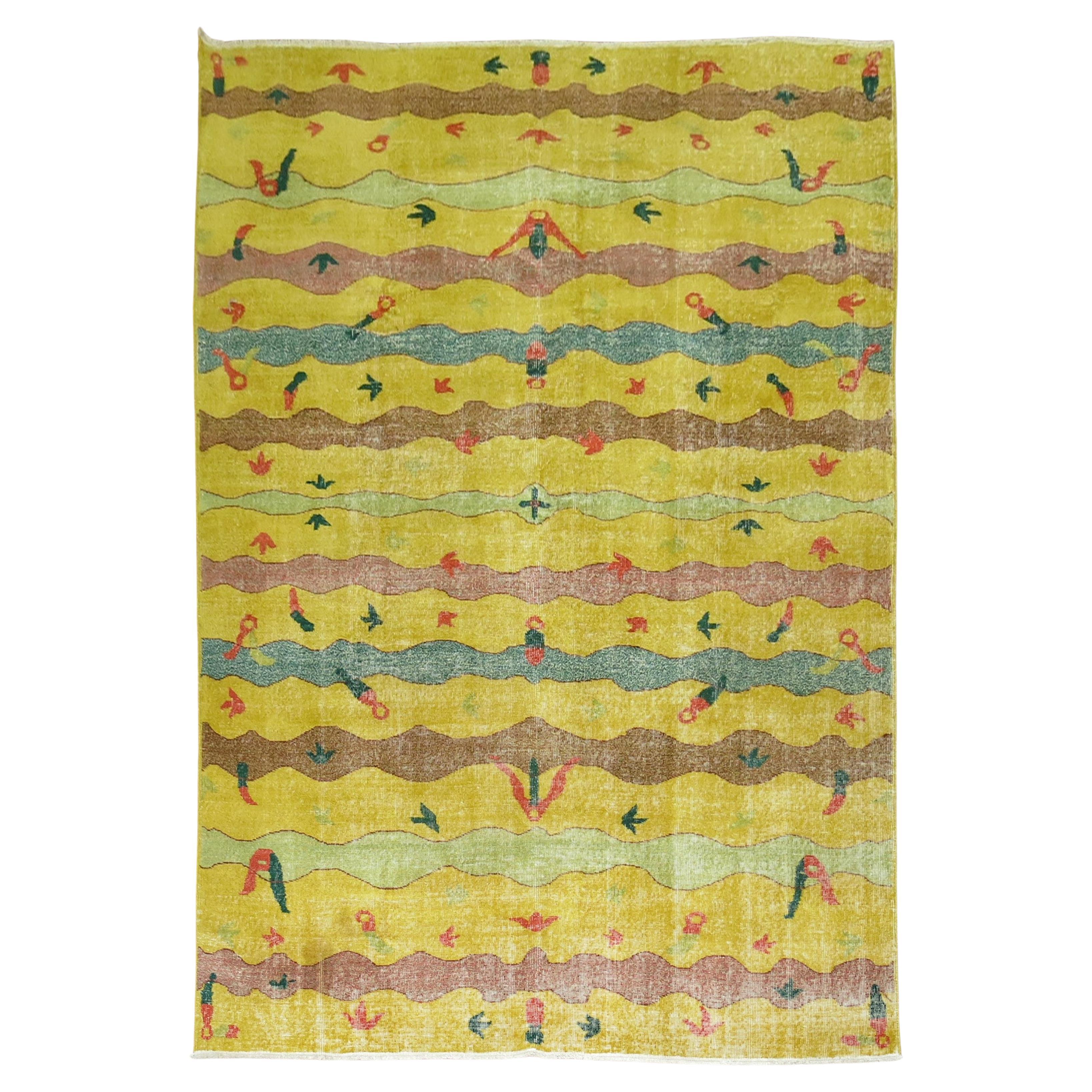 Zabihi Collection Yellow Turkish Deco Rug For Sale