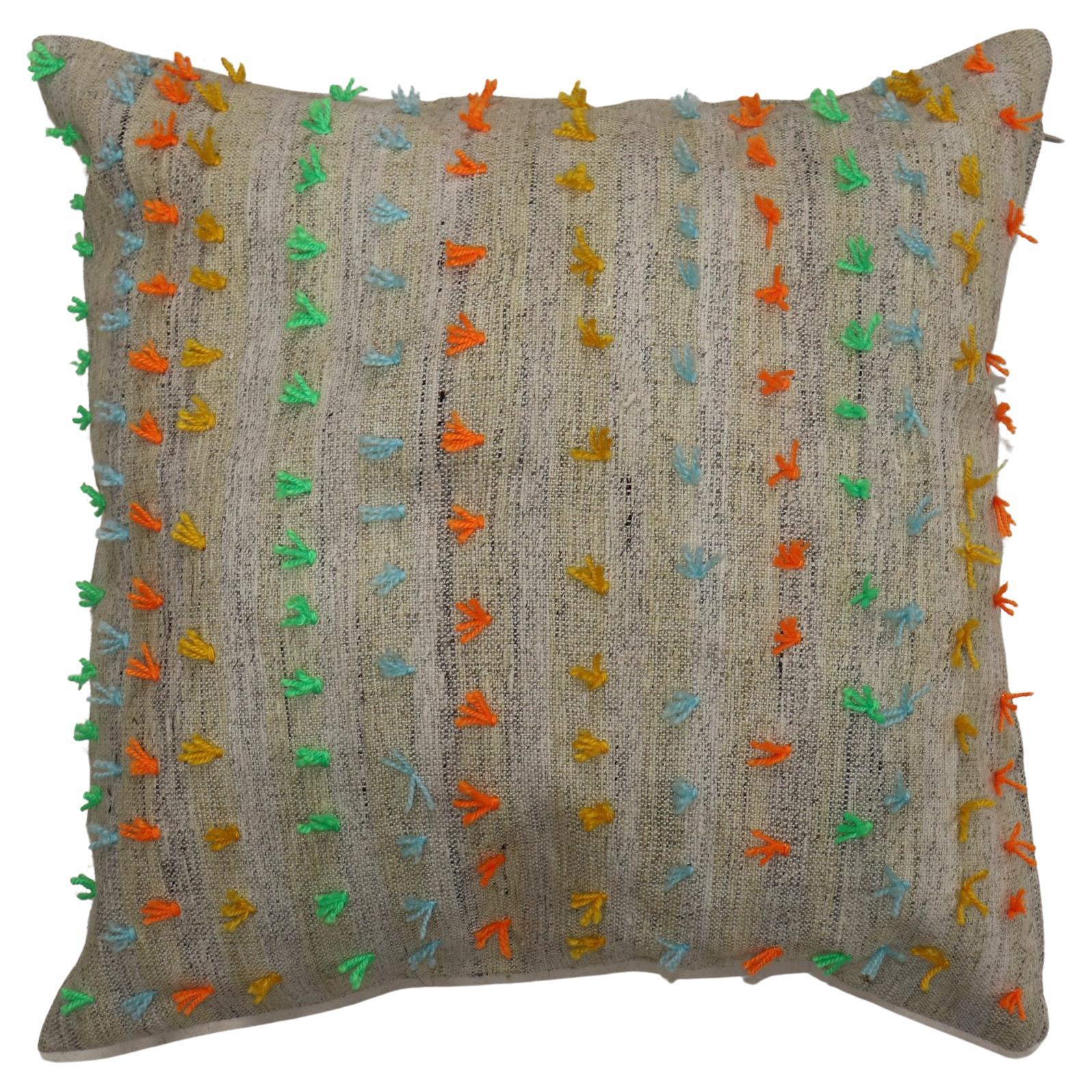 Zabihi Colorful Flaring Wool Modern Striped Kilim Pillow