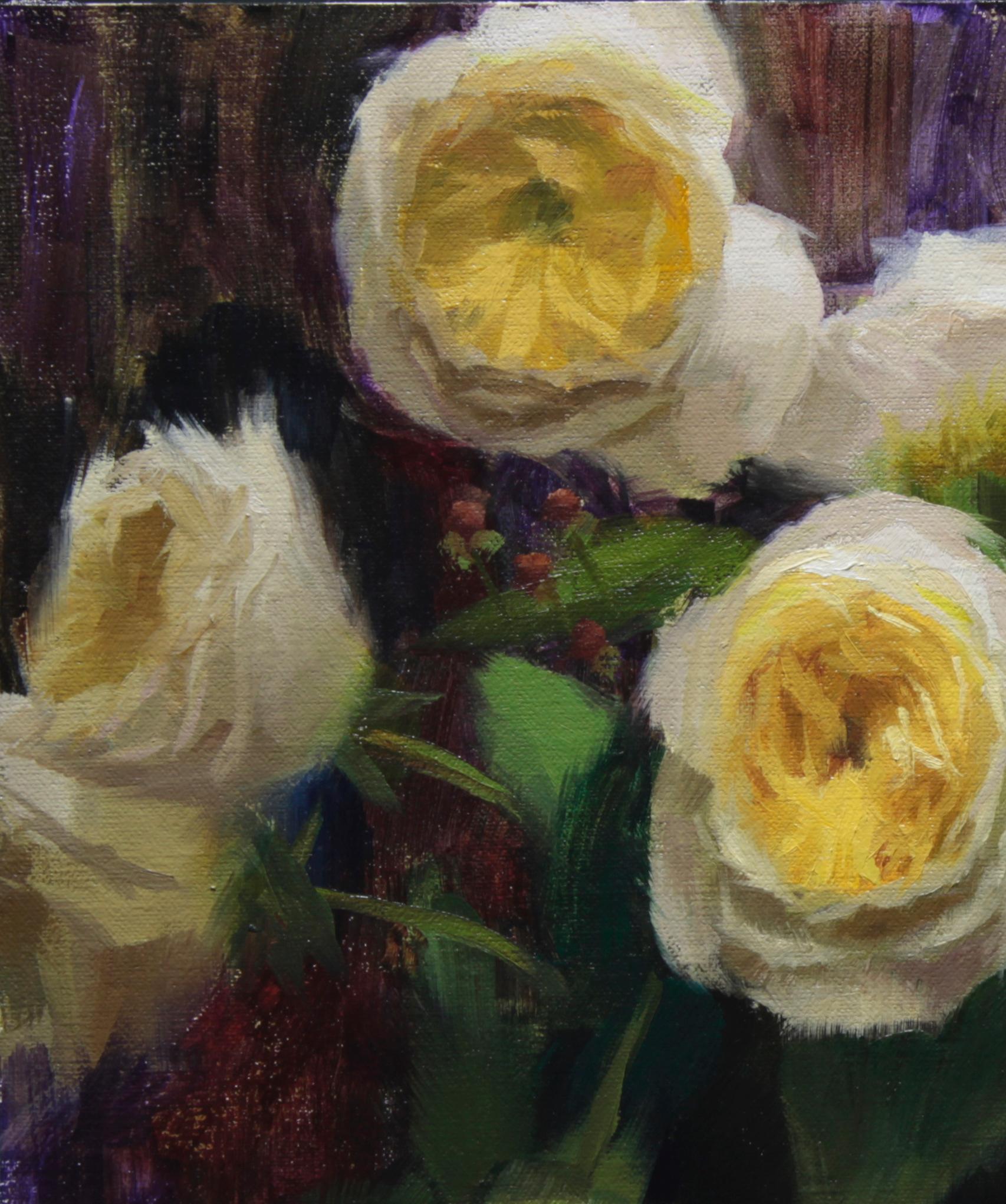 Blumengarten mit Rosen, floral, repräsentativ, Eule,  Signature-Künstler mit Pinselstrich – Painting von Zac Elletson