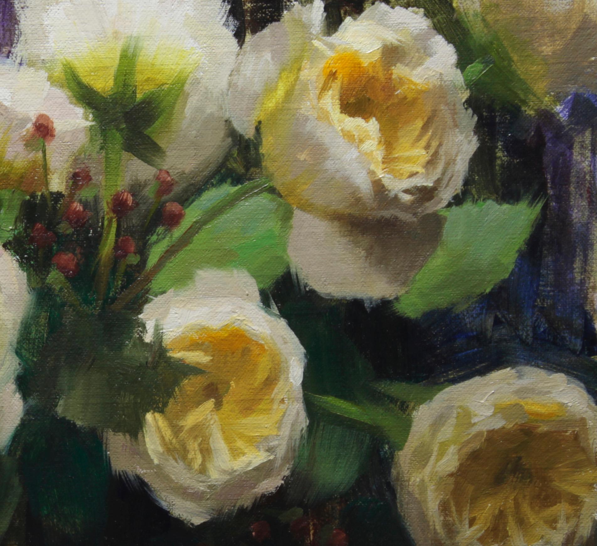 Blumengarten mit Rosen, floral, repräsentativ, Eule,  Signature-Künstler mit Pinselstrich (Amerikanischer Impressionismus), Painting, von Zac Elletson