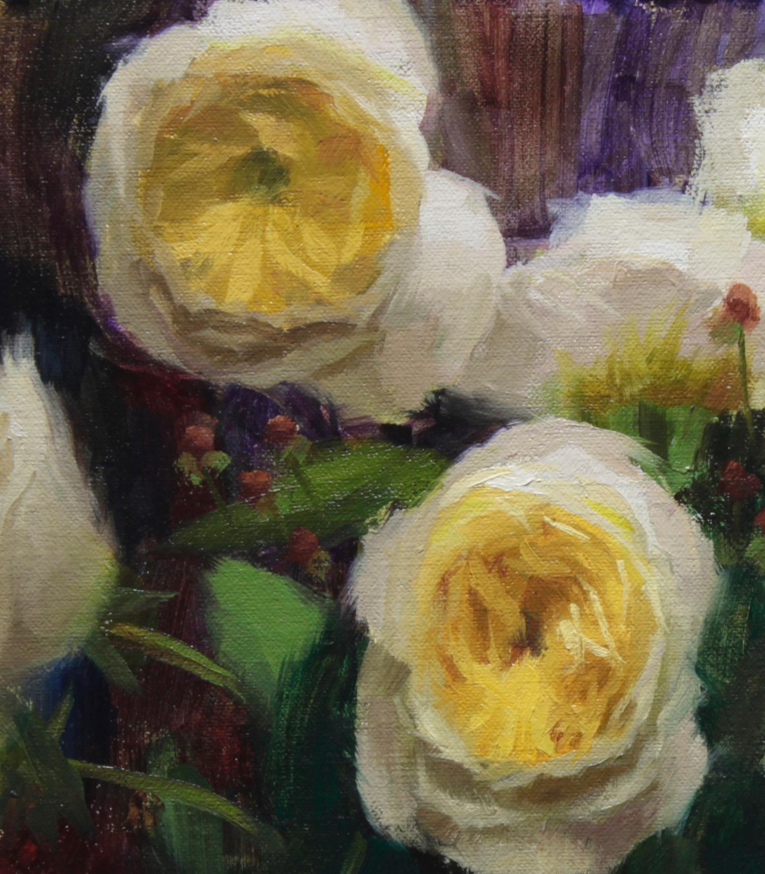 Blumengarten mit Rosen, floral, repräsentativ, Eule,  Signature-Künstler mit Pinselstrich (Schwarz), Still-Life Painting, von Zac Elletson