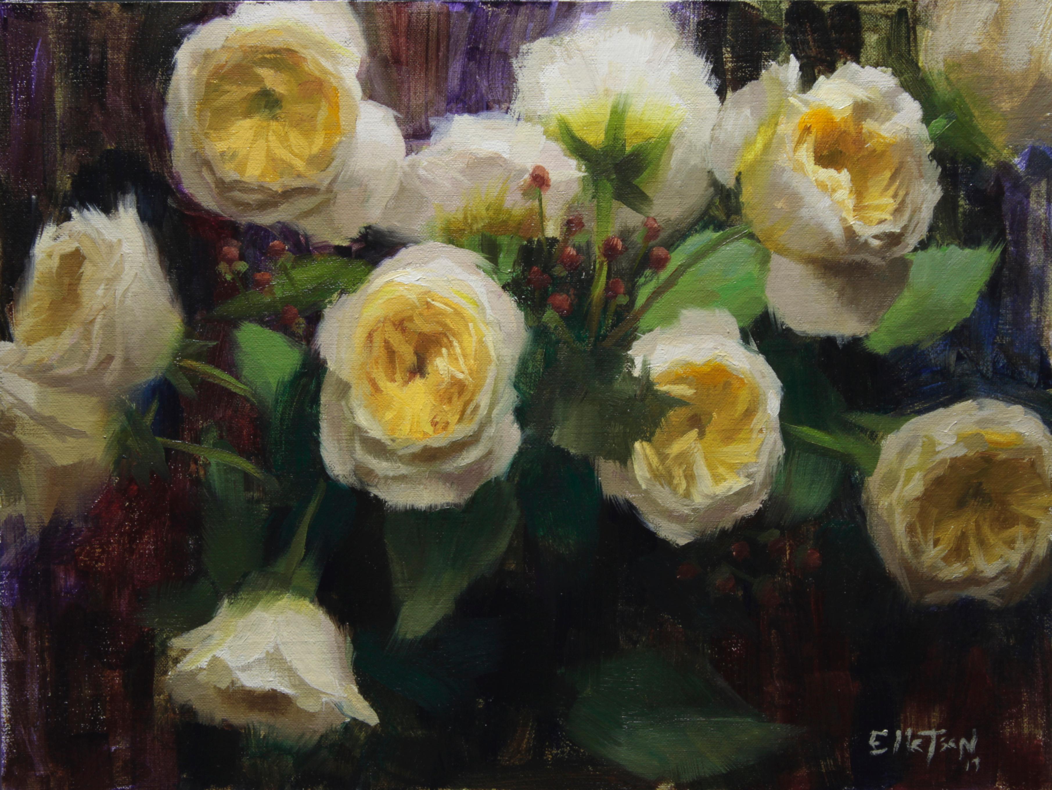 Zac Elletson Still-Life Painting – Blumengarten mit Rosen, floral, repräsentativ, Eule,  Signature-Künstler mit Pinselstrich