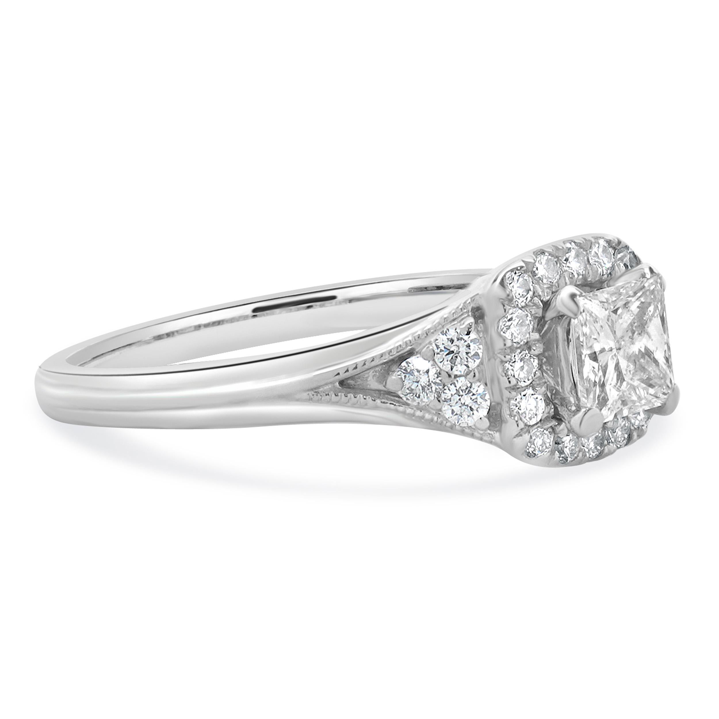 Material: 14K white gold
Diamond: 1 round brilliant cut = 0.38ct
Color: H
Clarity: SI2
Diamond: 22 round brilliant cut = 0.33cttw
Color: H
Clarity: SI1-2
Ring Size: 5.75 (please allow up to 2 additional business days for sizing requests)
Dimensions: