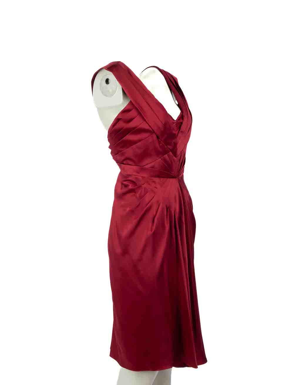 CONDITION is Very good. Hardly any visible wear to dress is evident on this used Zac Posen designer resale item.

Details
Burgundy
Silk
Dress
Pleated details
Figure hugging fit
Knee length
Sleeveless
V-neck
Back zip fastening

Made in USA