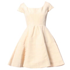 ZAC POSEN cream beige 100% silk cap sleeve paneled constructed flared dress US0