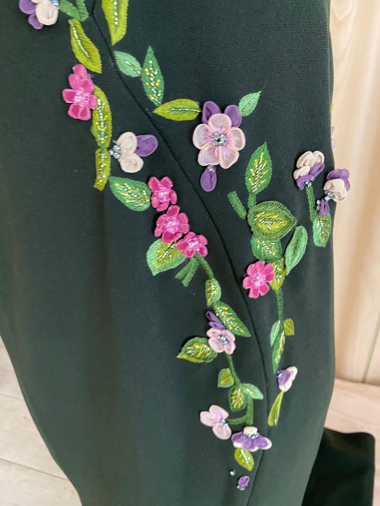 Women's Zac Posen Green Gown with Floral Embroidery For Sale