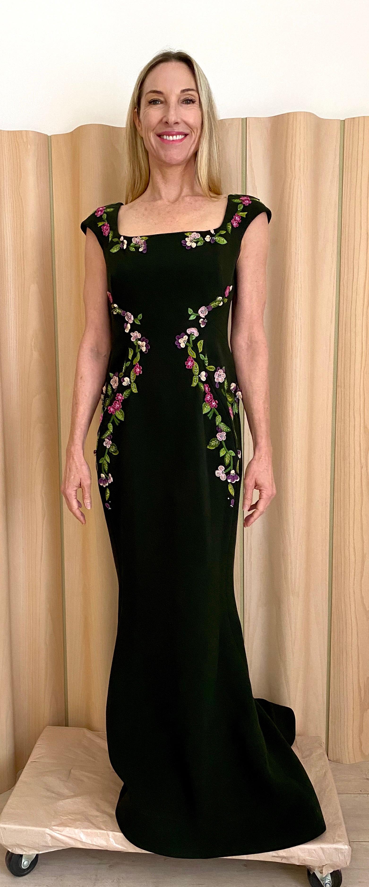 Black Zac Posen Green Gown with Floral Embroidery For Sale