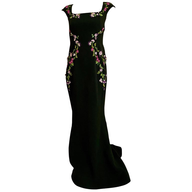 Zac Posen Green Gown with Floral Embroidery For Sale