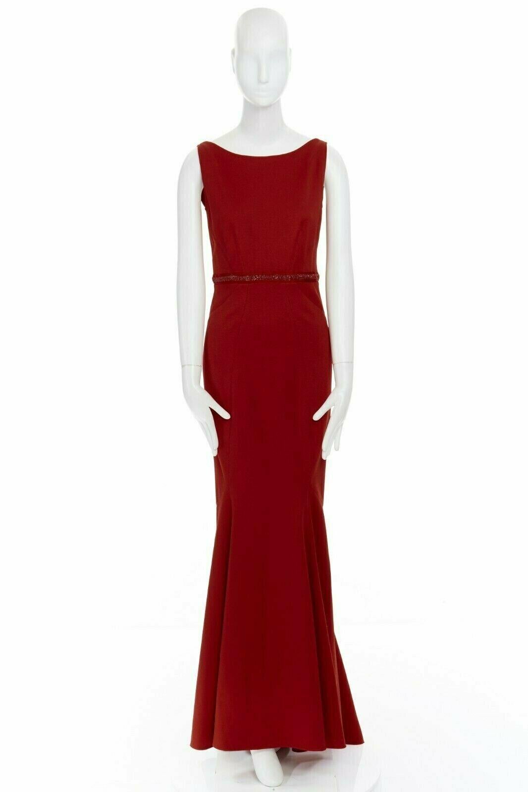 ZAC POSEN red bead embellished waist open back stretch flared hem ball gown M 
Reference: LACG/A00356 
Brand: Zac Posen 
Designer: Zac Posen 
Color: Red 
Pattern: Solid 
Closure: Zip 
Extra Detail: Scarlet red. Bateau neckline. Angular seams. Red