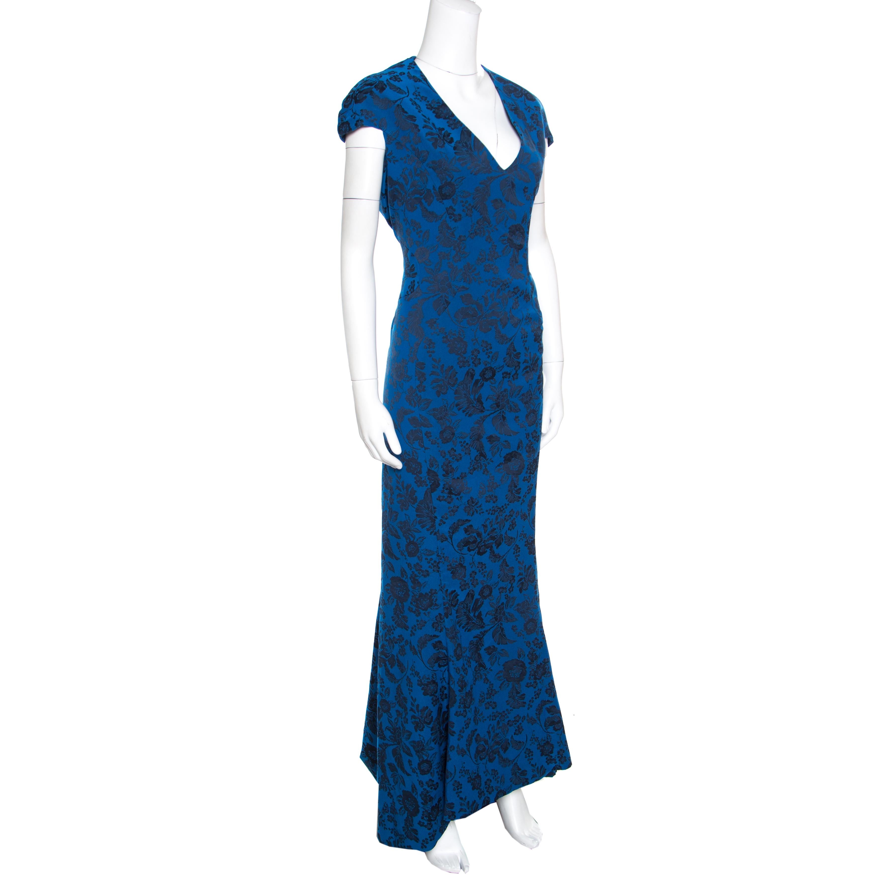 Zac Posen Royal Blue Floral Jacquard Cap Sleeve Mermaid Gown XL In Good Condition In Dubai, Al Qouz 2