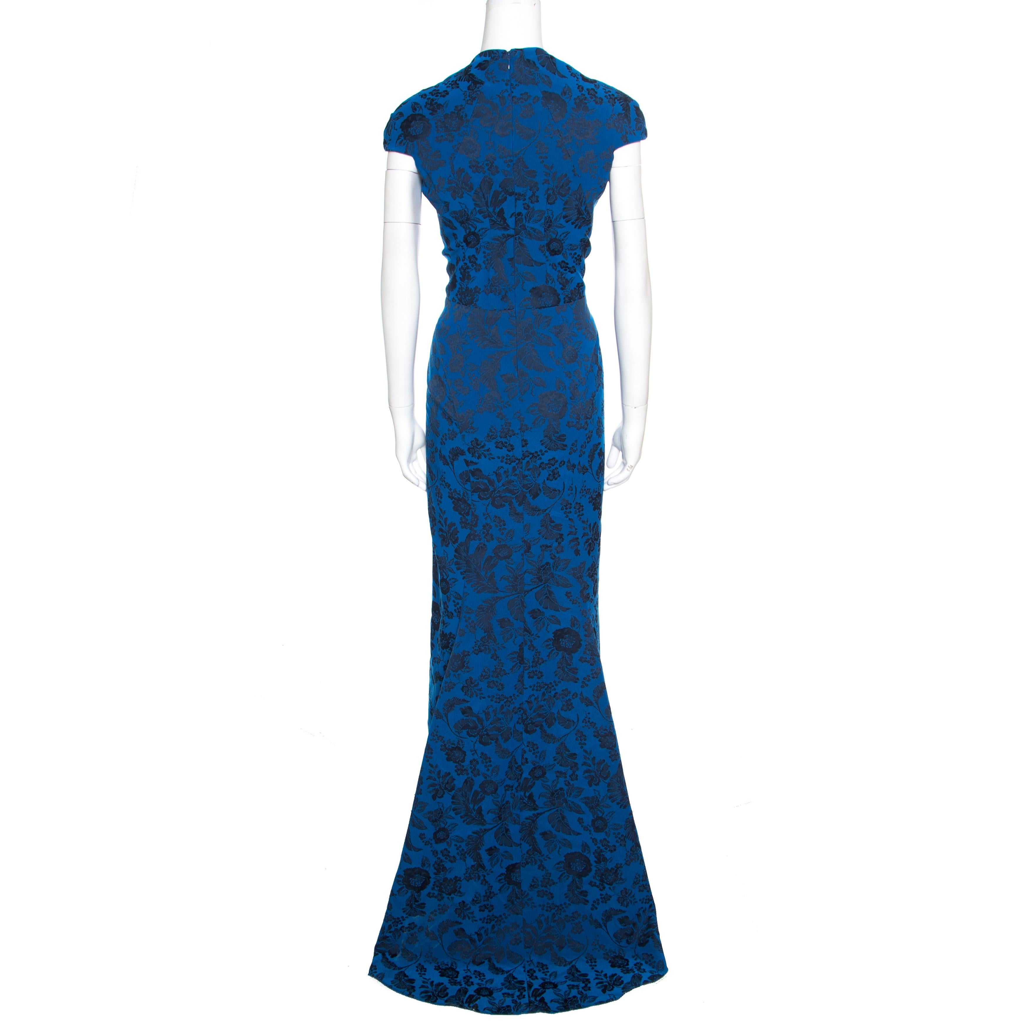 Women's Zac Posen Royal Blue Floral Jacquard Cap Sleeve Mermaid Gown XL