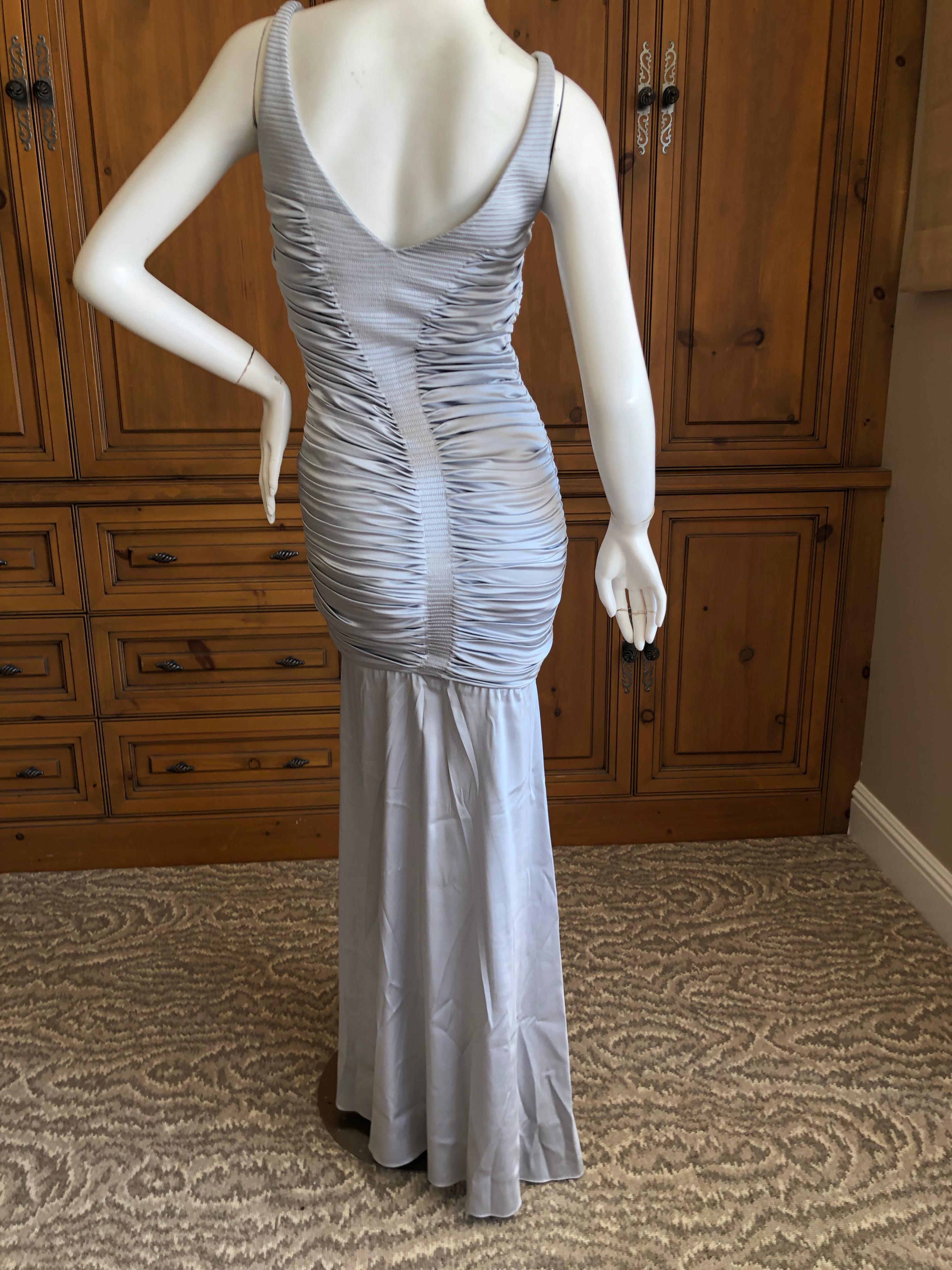 Zac Posen Ruched Silver Silk Mermaid Gown with High Slit For Sale 4