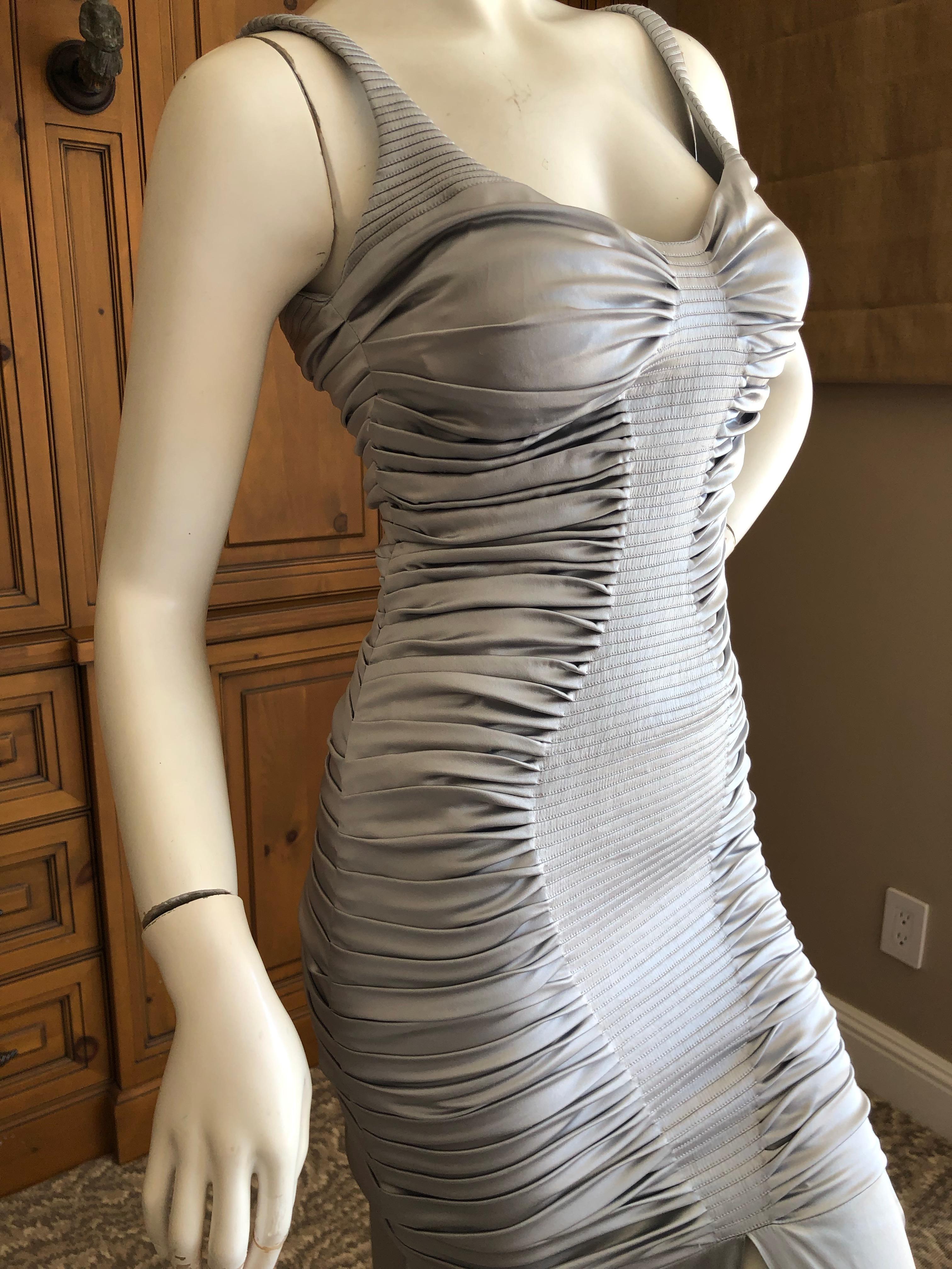 Zac Posen Ruched Silver Silk Mermaid Gown with High Slit In Excellent Condition For Sale In Cloverdale, CA