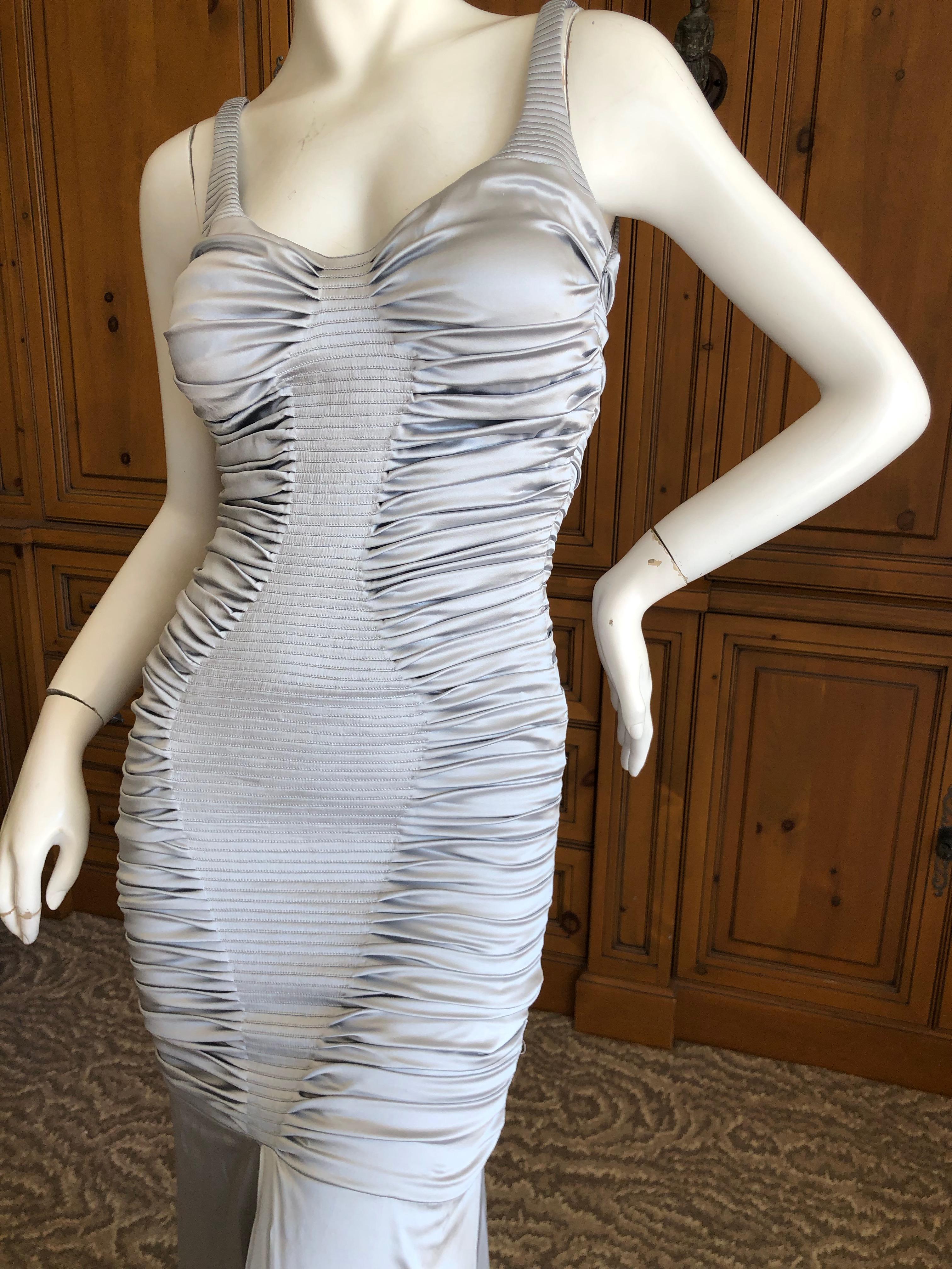 Zac Posen Ruched Silver Silk Mermaid Gown with High Slit For Sale 2