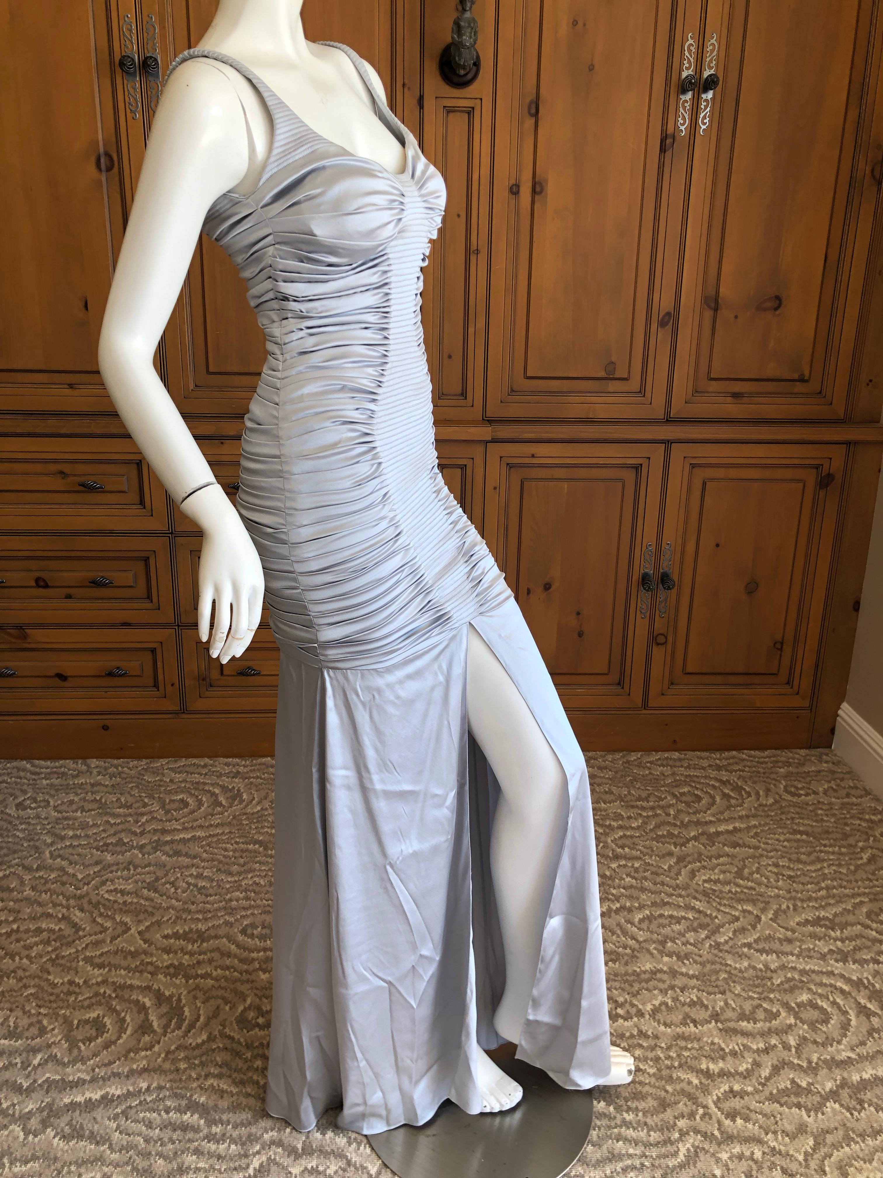 Zac Posen Ruched Silver Silk Mermaid Gown with High Slit For Sale 3