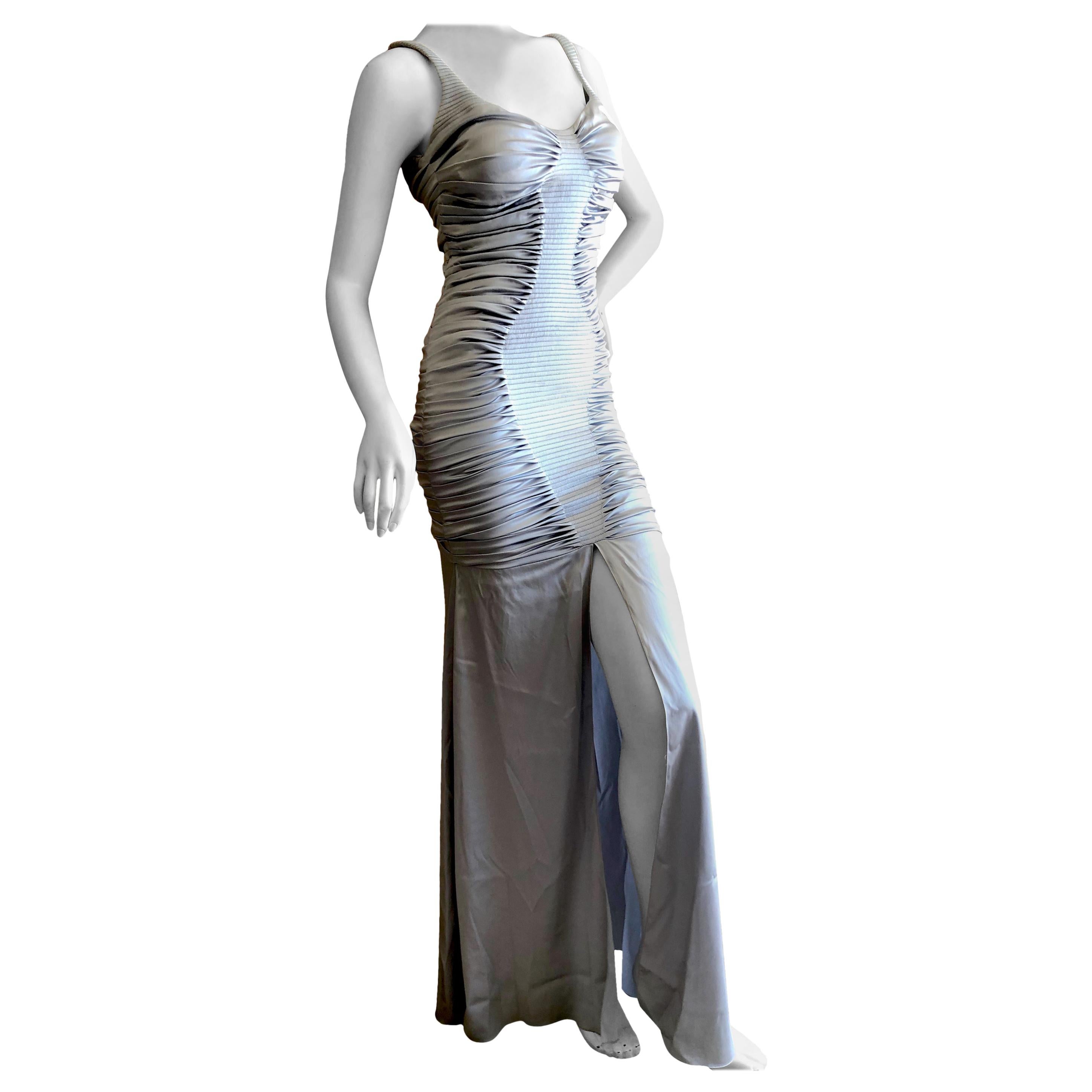 Zac Posen Ruched Silver Silk Mermaid Gown with High Slit For Sale