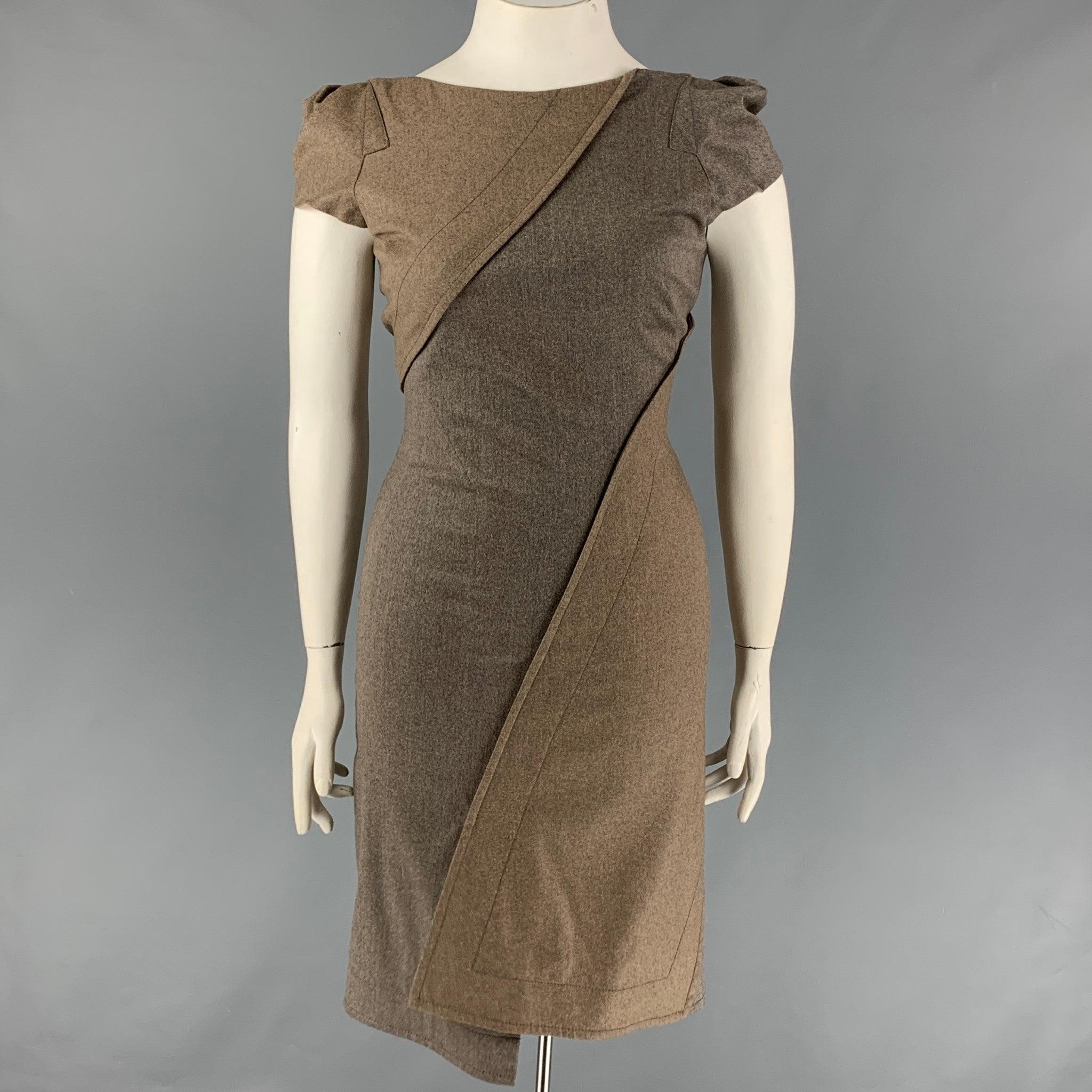 ZAC POSEN dress comes in a grey & brown stripe wool blend featuring a shift style, cap sleeves, bateau neckline, front slit, and a back zip up closure.
New With Tags. 

Marked:   10  

Measurements: 
 
Shoulder: 13 inches  Bust: 32 inches  Waist:
30
