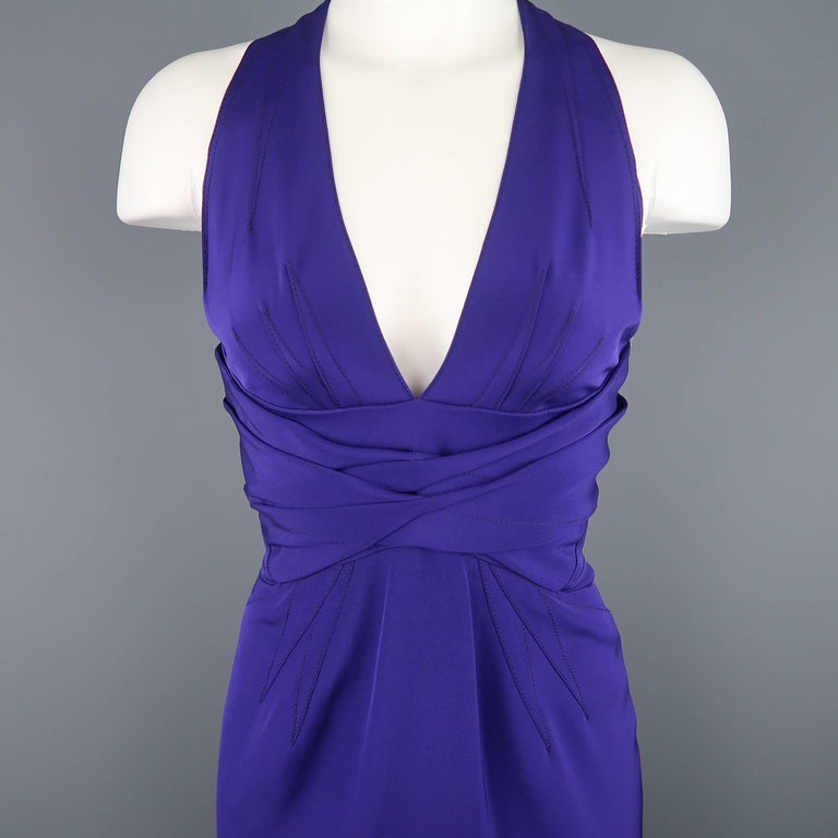 ZAC POSEN Size 2 Purple Stretch Silk Darted Halter Top Cocktail Dress ...