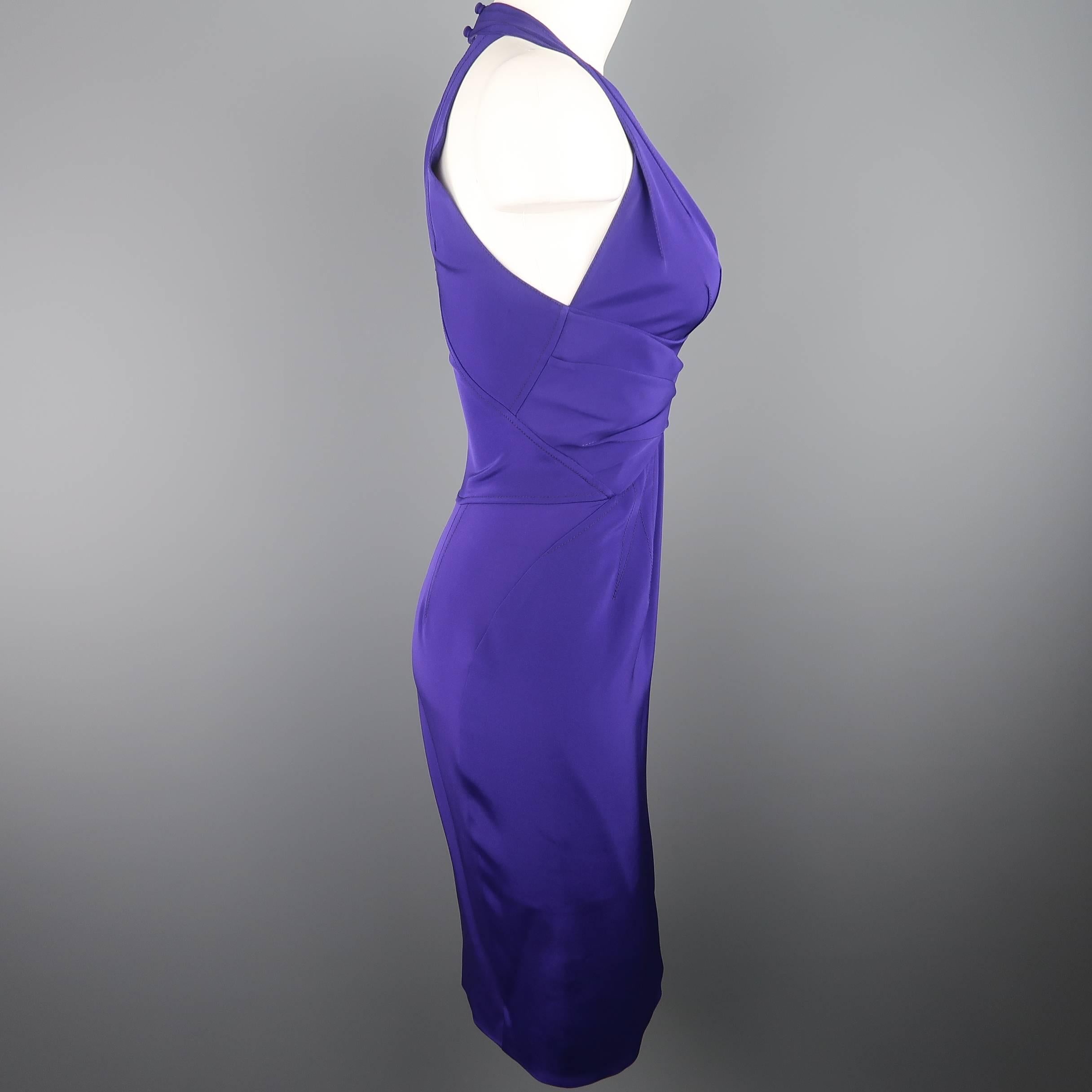 Women's ZAC POSEN Size 2 Purple Stretch Silk Darted Halter Top Cocktail Dress