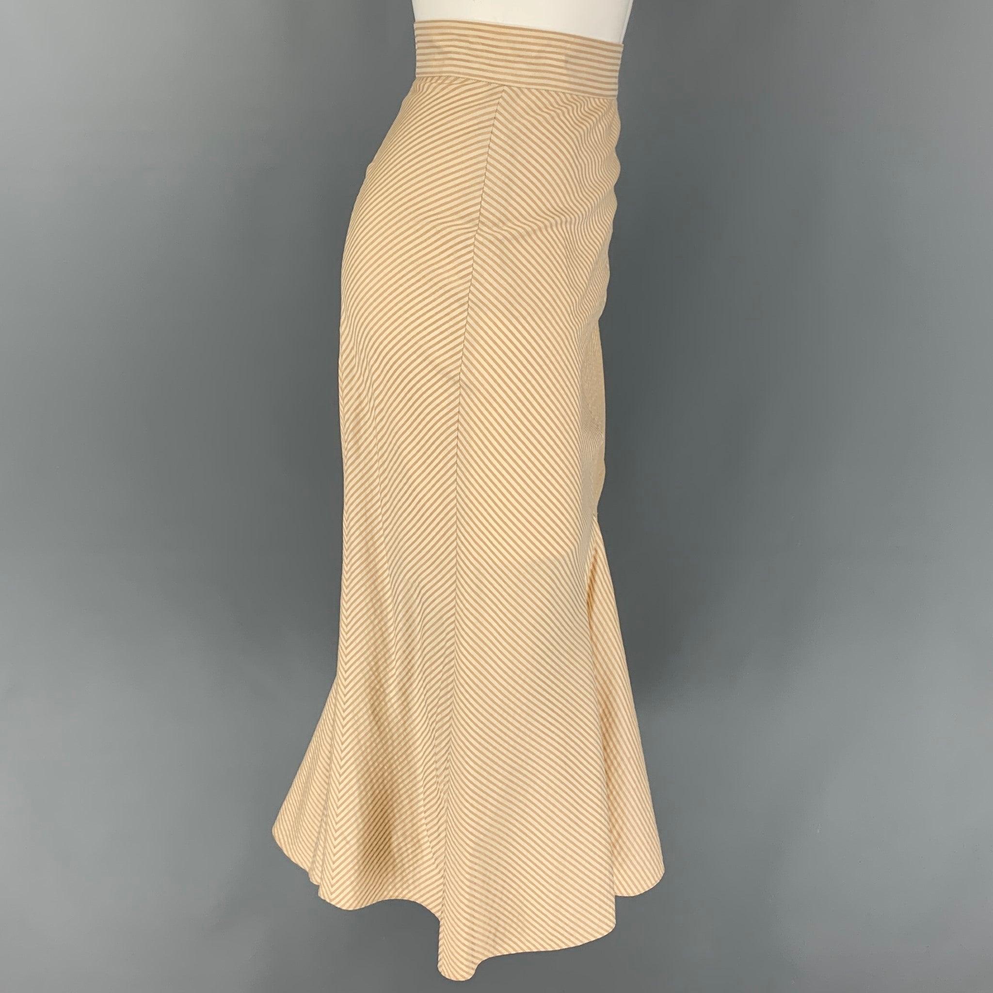 ZAC POSEN skirt comes in a beige & cream stripe silk featuring a mid-calf length, pleated hem, back butotn detail, and a side button & zipper closure.
Very Good
Pre-Owned Condition. 

Marked:   6 

Measurements: 
  Waist: 26 inches  Hip: 36 inches 