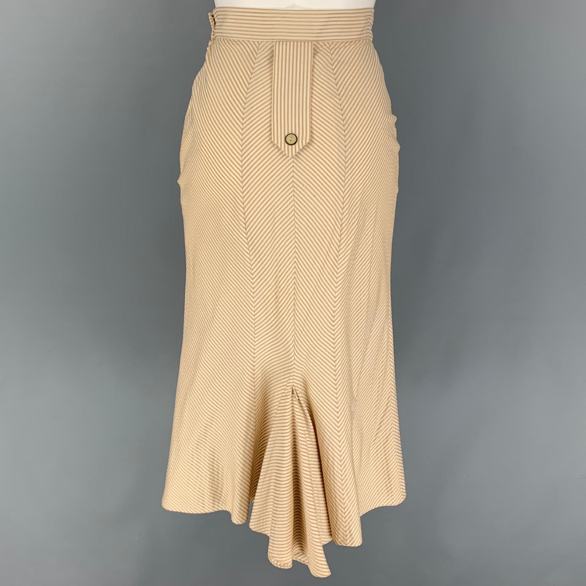 ZAC POSEN Size 6 Beige Cream Silk Stripe Mid-Calf Skirt In Good Condition For Sale In San Francisco, CA