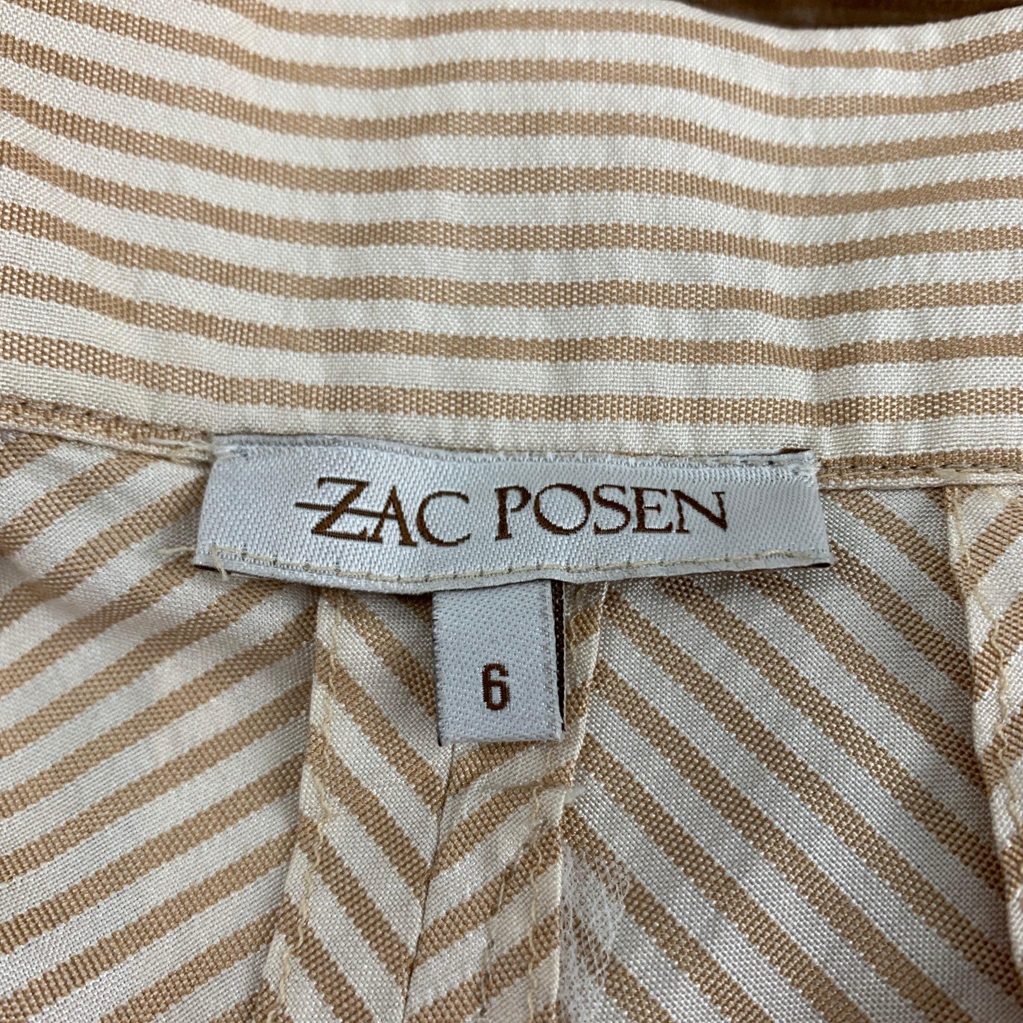 ZAC POSEN Size 6 Beige Cream Silk Stripe Mid-Calf Skirt For Sale 1