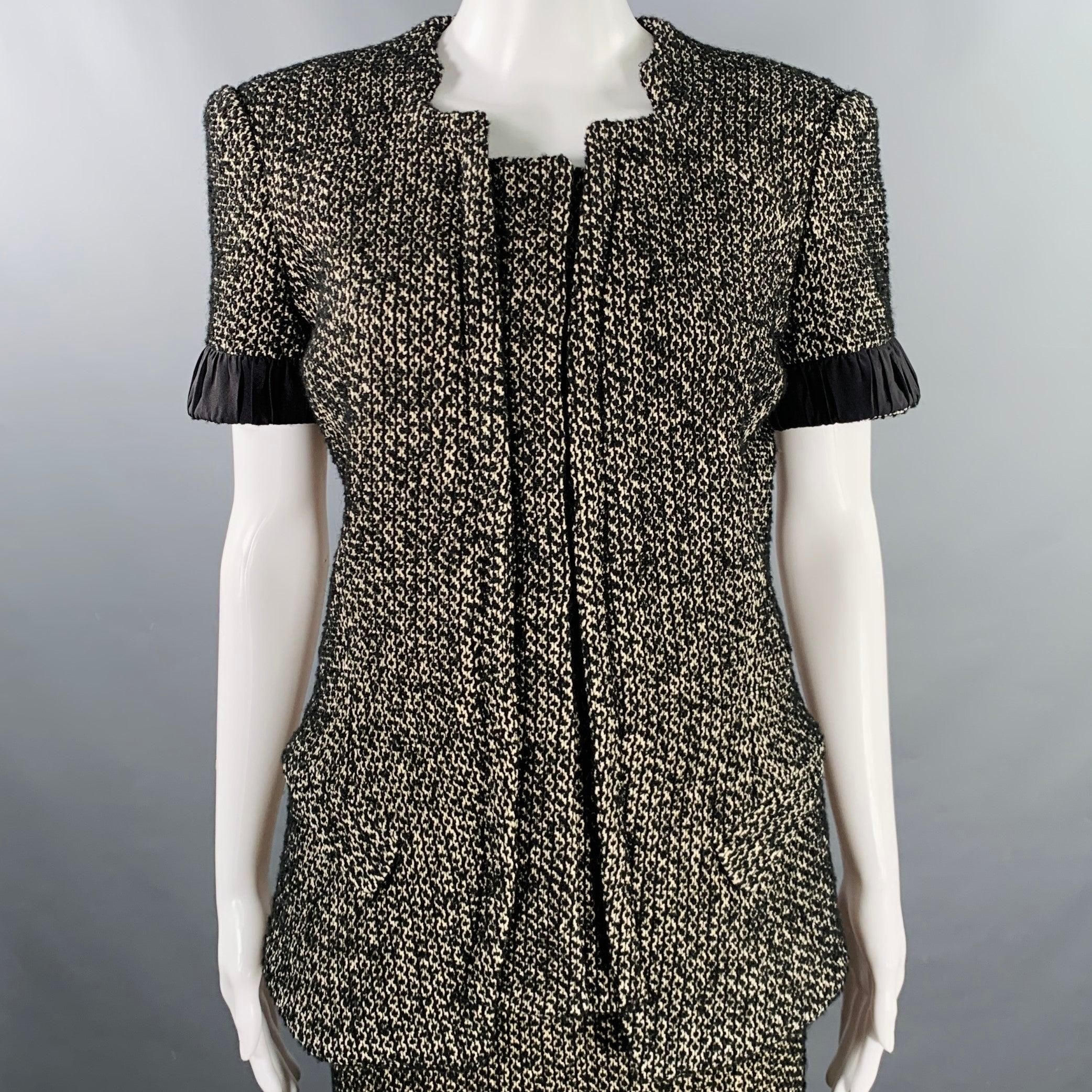 ZAC POSEN Size 6 Black White Cotton Blend Tweed Short Sleeve Skirt Suit In Excellent Condition For Sale In San Francisco, CA