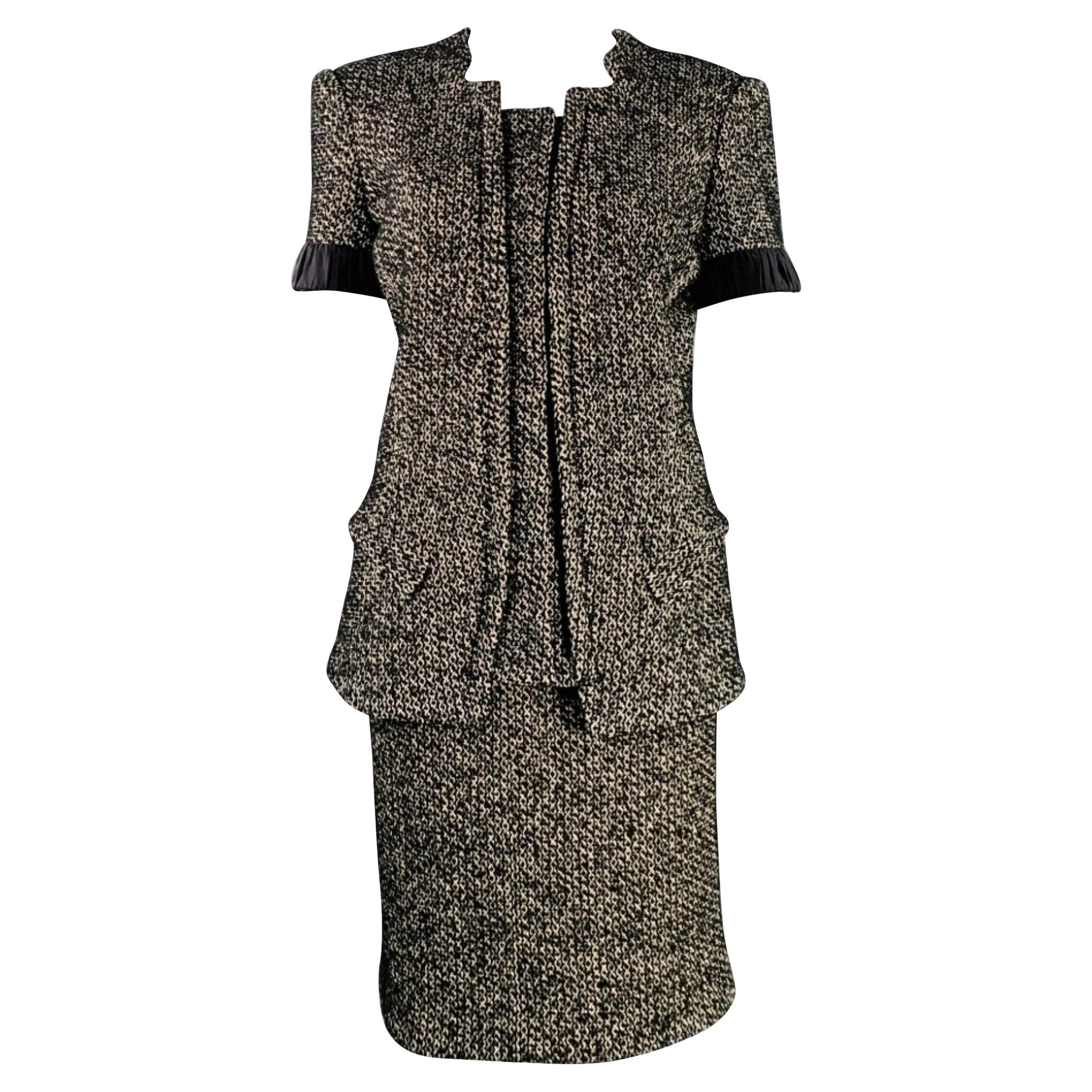 ZAC POSEN Größe 6 Schwarz-Weißer Tweed-Anzug mit kurzen Ärmeln aus Baumwollmischung und Baumwollmischung im Angebot